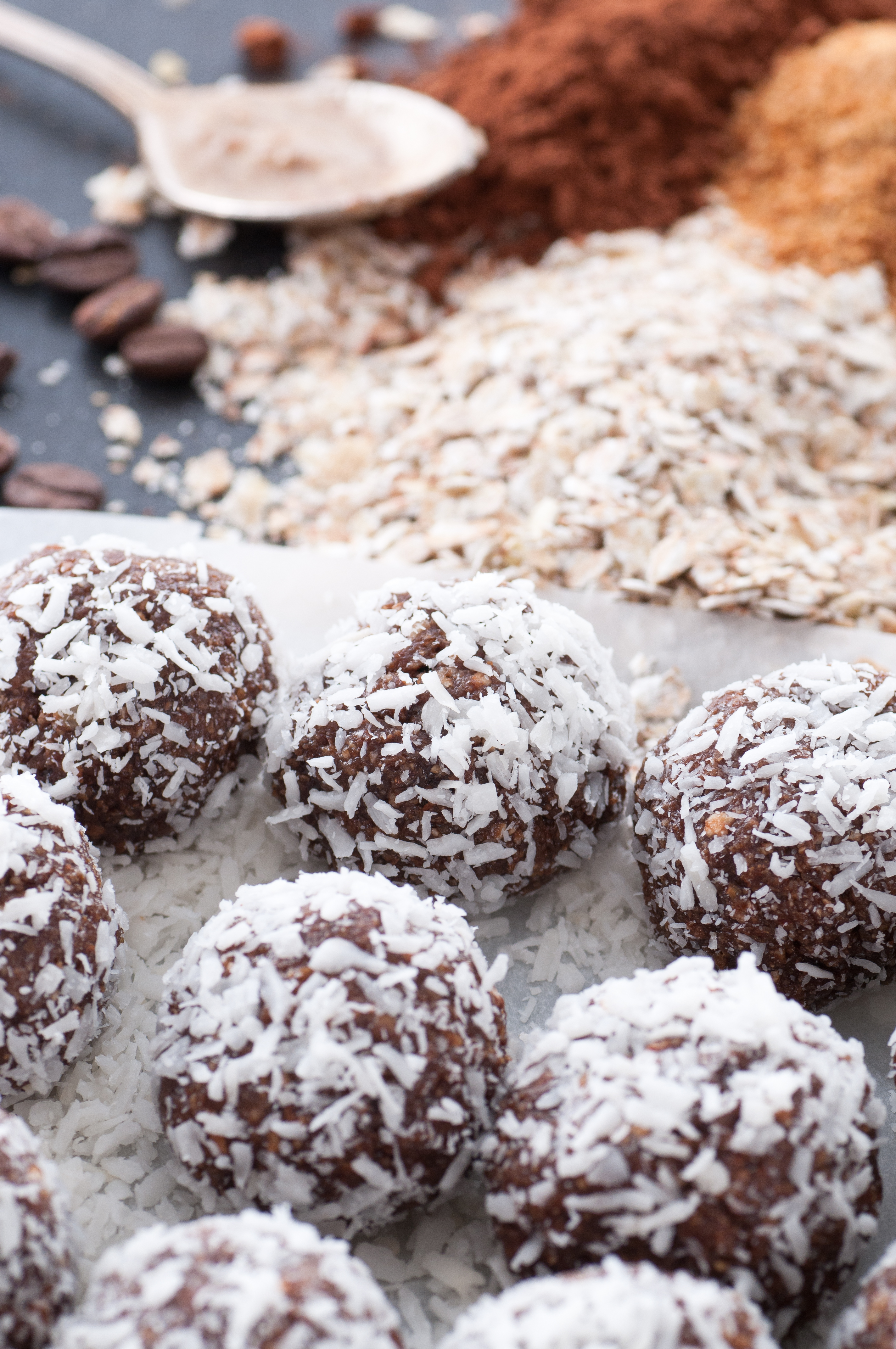 Raw food candy balls with grated coconut.
