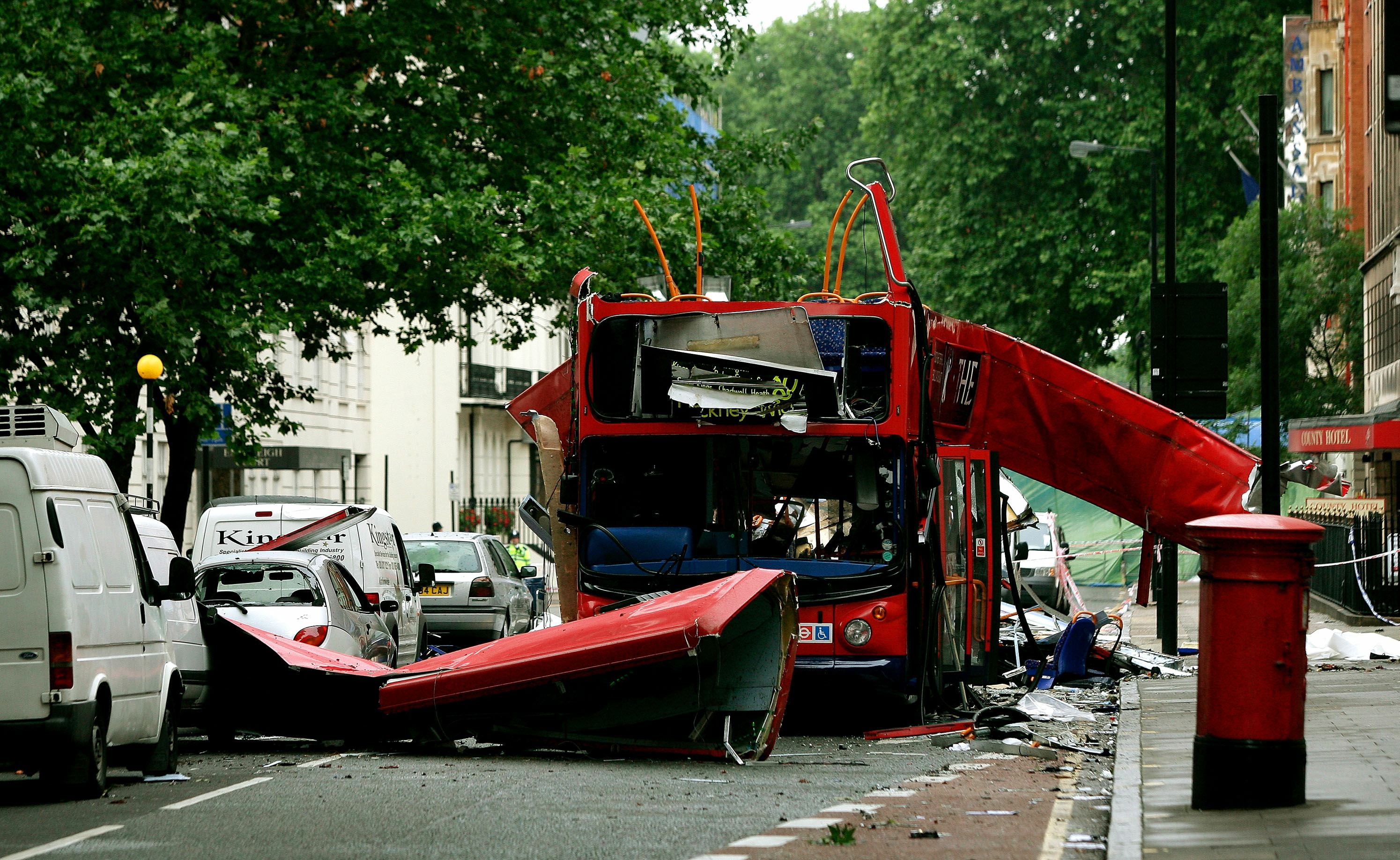 The bomb destroyed number 30 double-decker bus in Tavistock Square in central London July 8, 2005. Police have stated that over 50 people have been killed in the four blasts that tore through three [underground] trains and the bus and have added that the scene is too dangerous to remove bodies from the [underground carriages.] - RTXNMJR