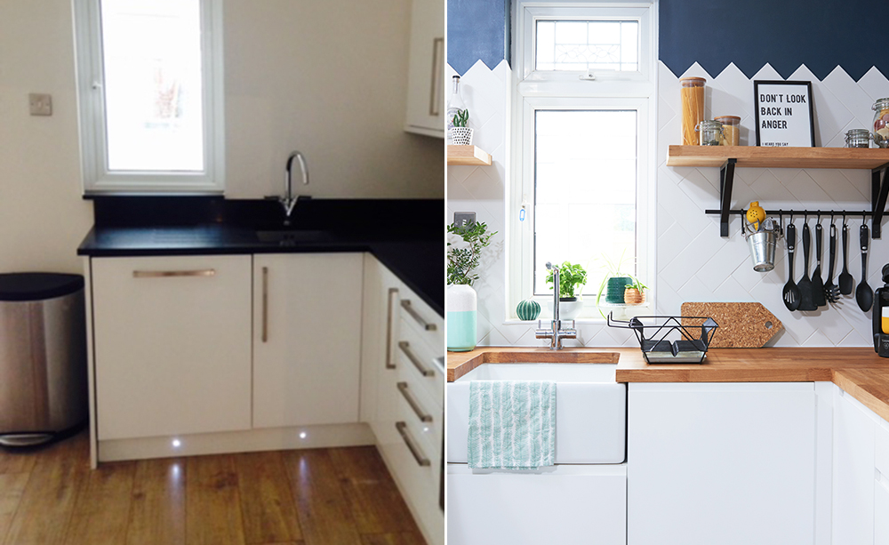 Kitchen-makeover-white-units-herringbone-metro-tiles-blue-walls-split