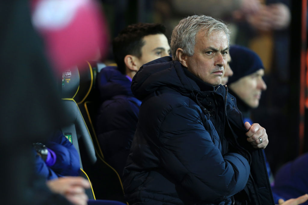 NORWICH, ENGLAND - DECEMBER 28: Jose Mourinho, Manager of Tottenham Hotspur looks on from the bench prior to the Premier League match between Norwich City and Tottenham Hotspur at Carrow Road on December 28, 2019 in Norwich, United Kingdom. (Photo by Stephen Pond/Getty Images)
