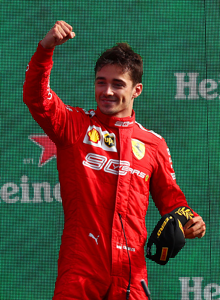 MONZA, ITALY - SEPTEMBER 08: Race winner Charles Leclerc of Monaco and Ferrari celebrates on the podium during the F1 Grand Prix of Italy at Autodromo di Monza on September 08, 2019 in Monza, Italy. (Photo by Dan Istitene/Getty Images)