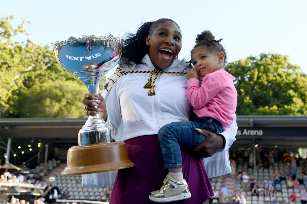 AUCKLAND, NEW ZEALAND - JANUARY 12:  Serena Williams of the USA celebrates with daughter Alexis Olympia after winning the final match against Jessica Pegula of USA at ASB Tennis Centre on January 12, 2020 in Auckland, New Zealand. (Photo by Hannah Peters/Getty Images)