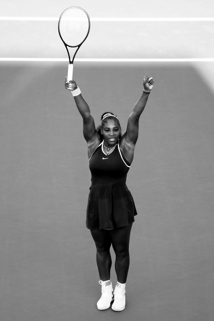 AUCKLAND, NEW ZEALAND - JANUARY 12: (EDITORS NOTE : This image has been converted to black and white) Serena Williams of USA celebrates after winning the final match against Jessica Pegula of USA at ASB Tennis Centre on January 12, 2020 in Auckland, New Zealand. (Photo by Hannah Peters/Getty Images)