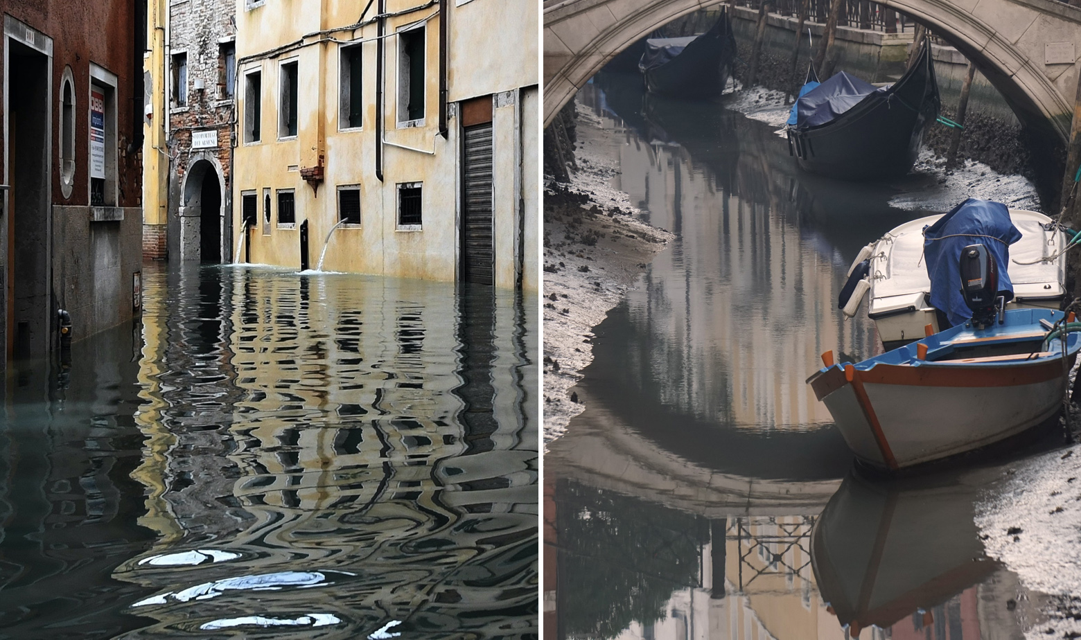 Poplava u Veneciji u studenom 2019. i presušeni kanal početkom 2020. 