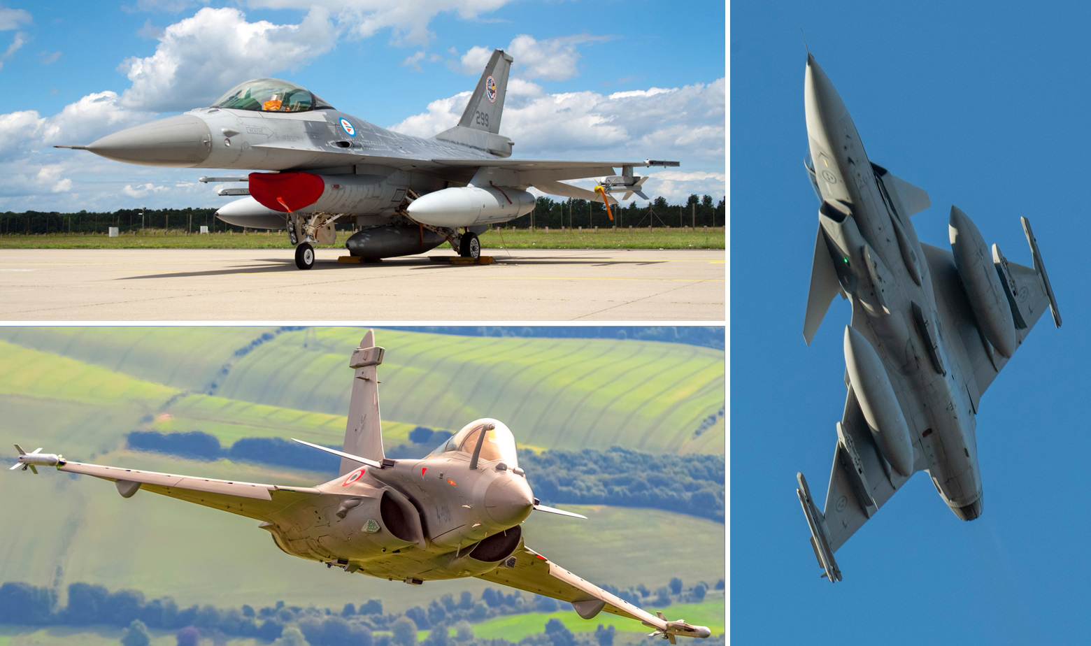 F-16 (gore lijevo), Dassault Rafale (dolje lijevo), JAS 39 Gripen (desno)