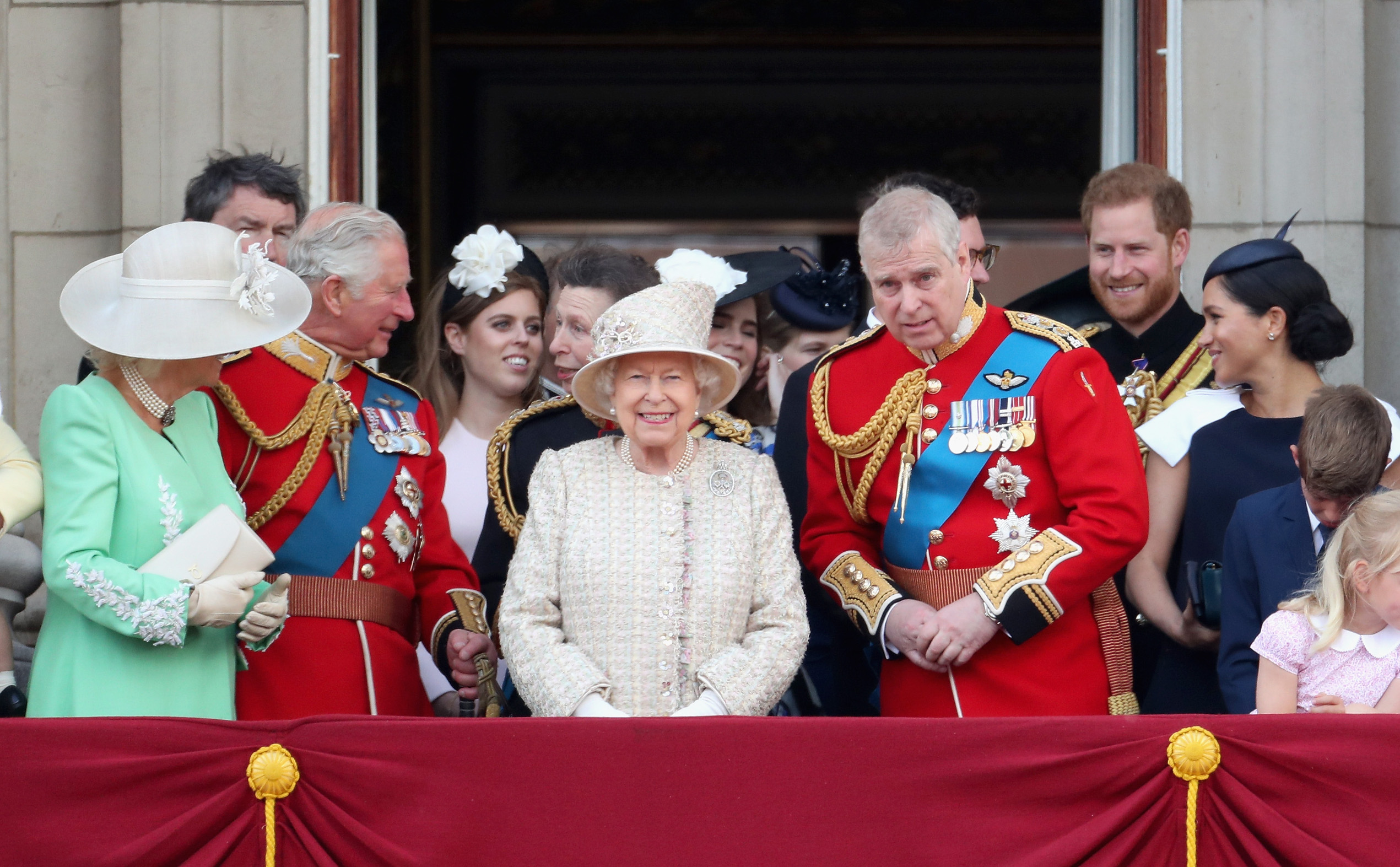 LONDON, ENGLAND - JUNE 08: (L-R) Camilla, Duchess of Cornwall Prince Charles, Prince of Wales, Queen Elizabeth II, Prince Andrew, Duke of York, Prince Harry, Duke of Sussex and Meghan, Duchess of Sussex during Trooping The Colour, the Queen's annual birthday parade, on June 8, 2019 in London, England.  (Photo by Chris Jackson/Getty Images)