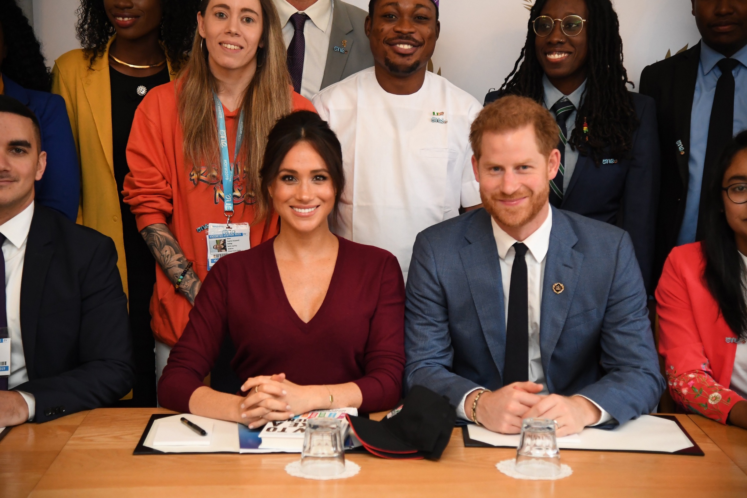 WINDSOR, UNITED KINGDOM - OCTOBER 25:  Meghan, Duchess of Sussex and Prince Harry, Duke of Sussex attend a roundtable discussion on gender equality with The Queens Commonwealth Trust (QCT) and One Young World at Windsor Castle on October 25, 2019 in Windsor, England. (Photo by Jeremy Selwyn - WPA Pool/Getty Images)