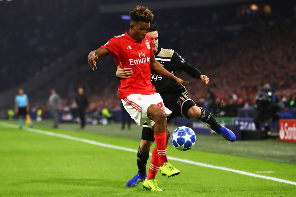 AMSTERDAM, NETHERLANDS - OCTOBER 23:  Nicolas Tagliafico of Ajax battles for the ball with Gedson Fernandes of Benfica during the Group E match of the UEFA Champions League between Ajax and SL Benfica at Johan Cruyff Arena on October 23, 2018 in Amsterdam, Netherlands.  (Photo by Dean Mouhtaropoulos/Getty Images)