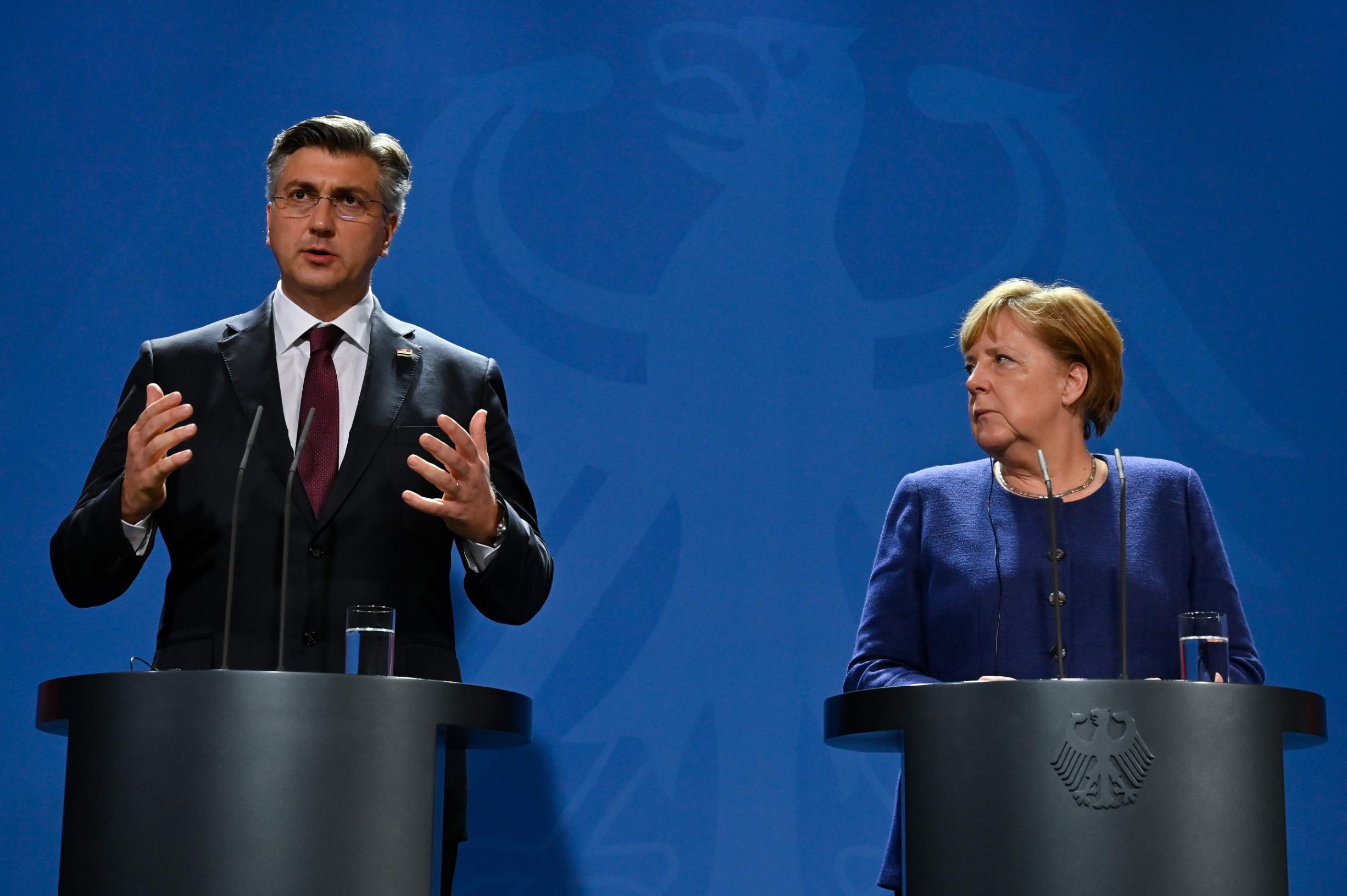 Predsjednik vlade RH Andrej Plenković i njemačka kancelarka Angela Merkel na jučerašnjoj tiskovnoj konferenciji