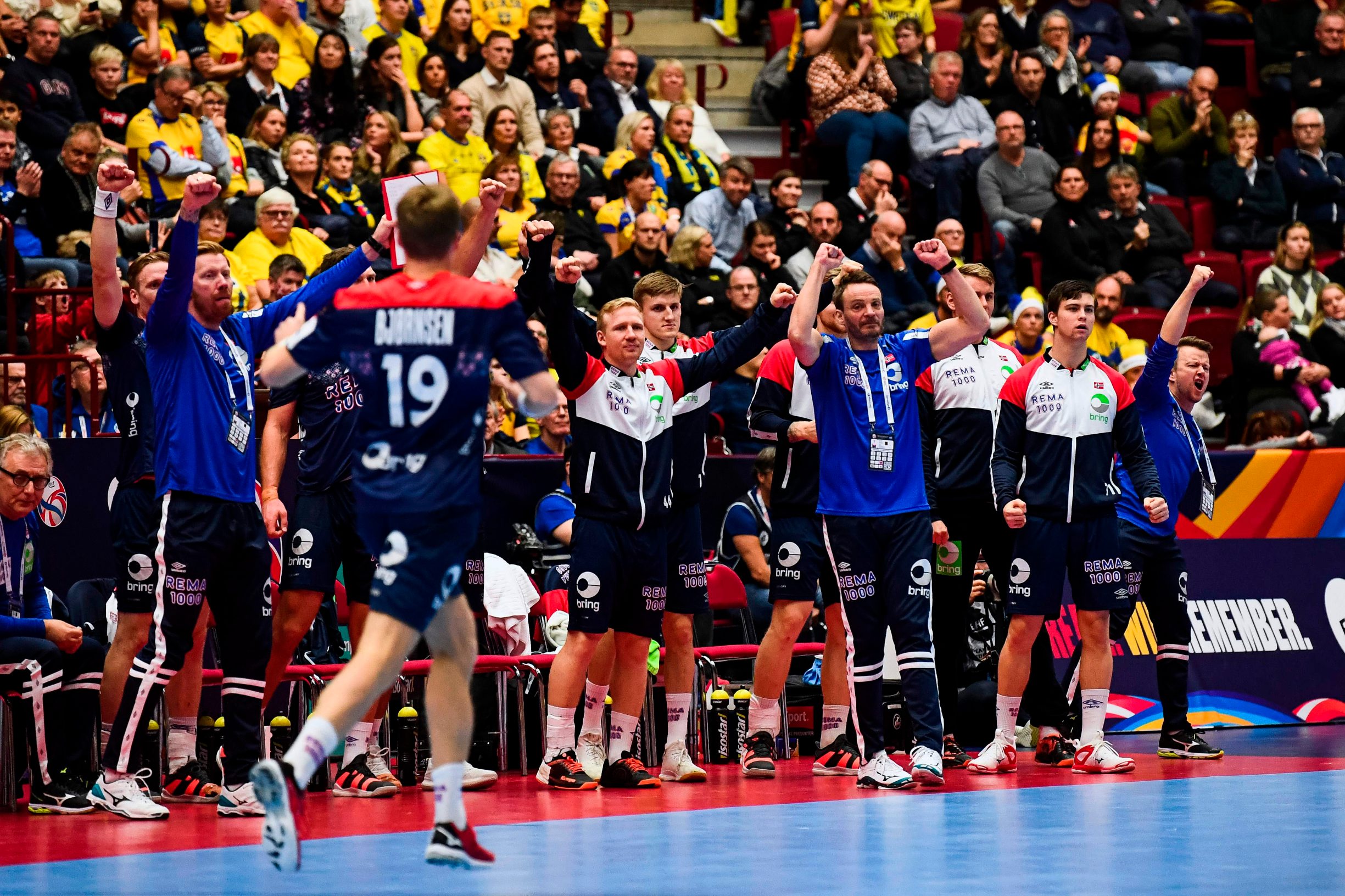 Norway's players celebrate after a goal during the Men's European Handball Championship, main round match between Norway and Sweden in Malmoe, Sweden on January 19, 2020. (Photo by Jonathan NACKSTRAND / AFP)