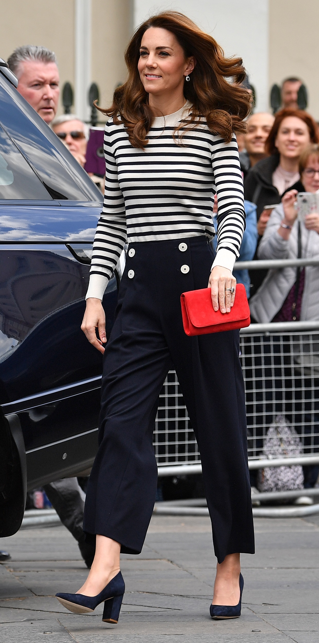 LONDON, ENGLAND - MAY 07: Catherine, Duchess of Cambridge arrives to launch the King's Cup Regatta during the launch of the King's Cup Regatta at Cutty Sark, Greenwich on May 7, 2019 in London, England. (Photo by Ben Stansall - WPA Pool / Getty Images)