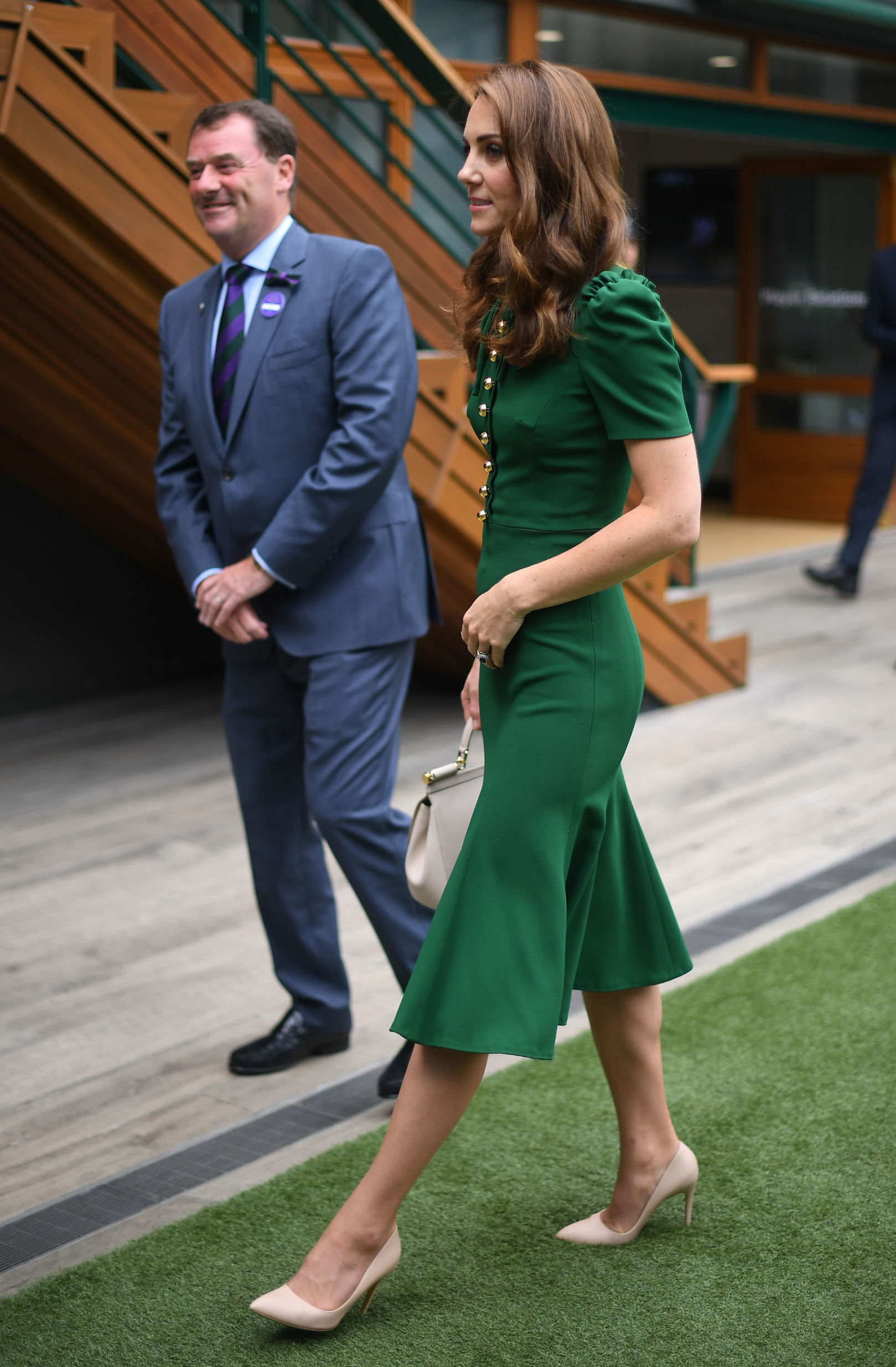 LONDON, ENGLAND - JULY 13: Catherine, Duchess of Cambridge arrives for the Women's Final on day twelve of the Wimbledon Championships at the All England Lawn Tennis and Croquet Club, Wimbledon on July 13, 2019 in London, England. (Photo by Victoria Jones - WPA Pool/Getty Images)