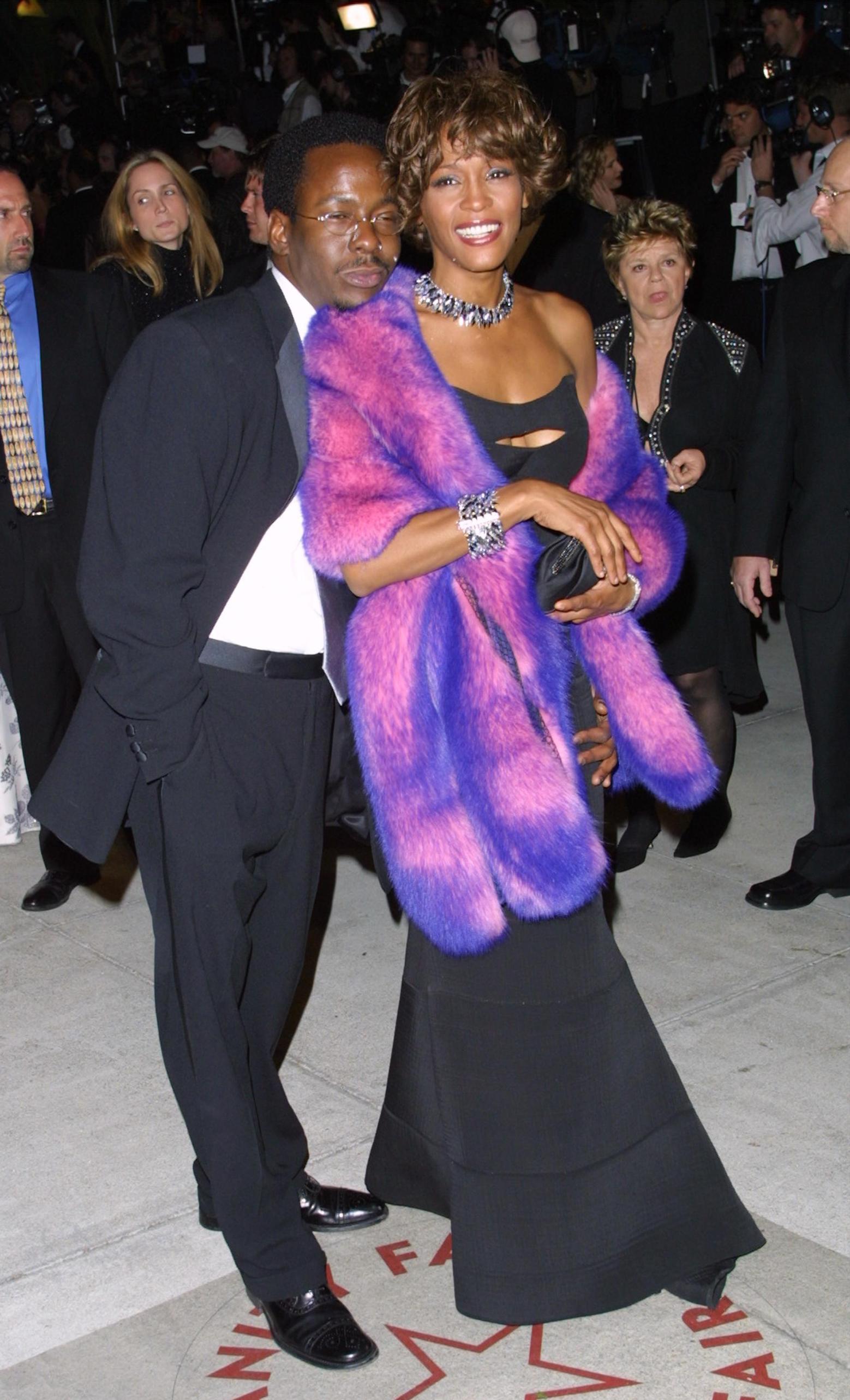 387028 41: Singer Whitney Houston and husband Bobby Brown arrive at the Vanity Fair post Oscar party March 25, 2001 at Morton's restaurant in West Hollywood. (Photo by Jason Kirk/Getty Images)