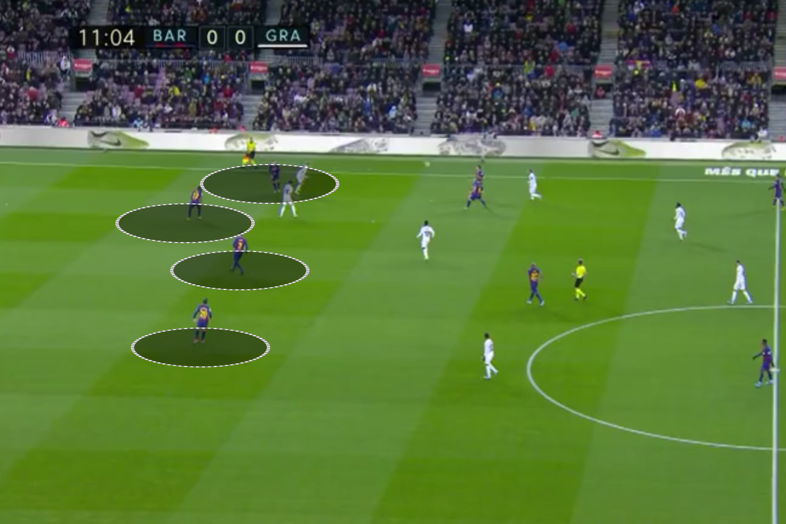 Situacija koja jasno pokazuje kako se Barcelona branila sa četvoricom u liniji u trenucima kada bi suparnik imao loptu