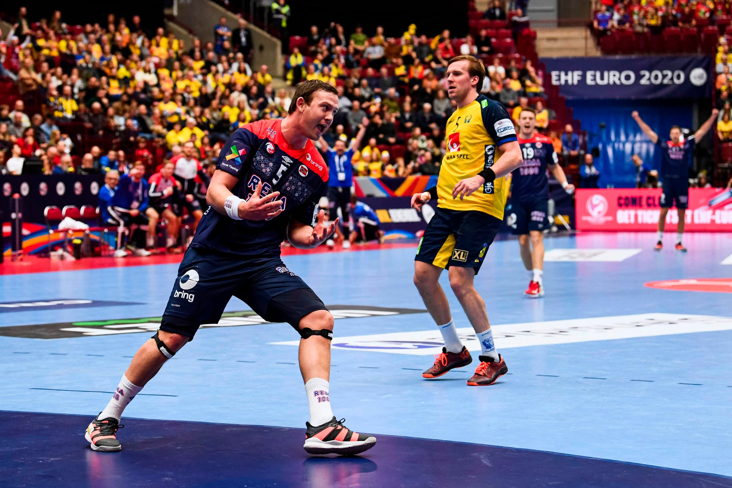 Norway's Sander Sagosen celebrates after scoring during the Men's European Handball Championship, main round match between Norway and Sweden in Malmoe, Sweden on January 19, 2020. (Photo by Jonathan NACKSTRAND / AFP)
