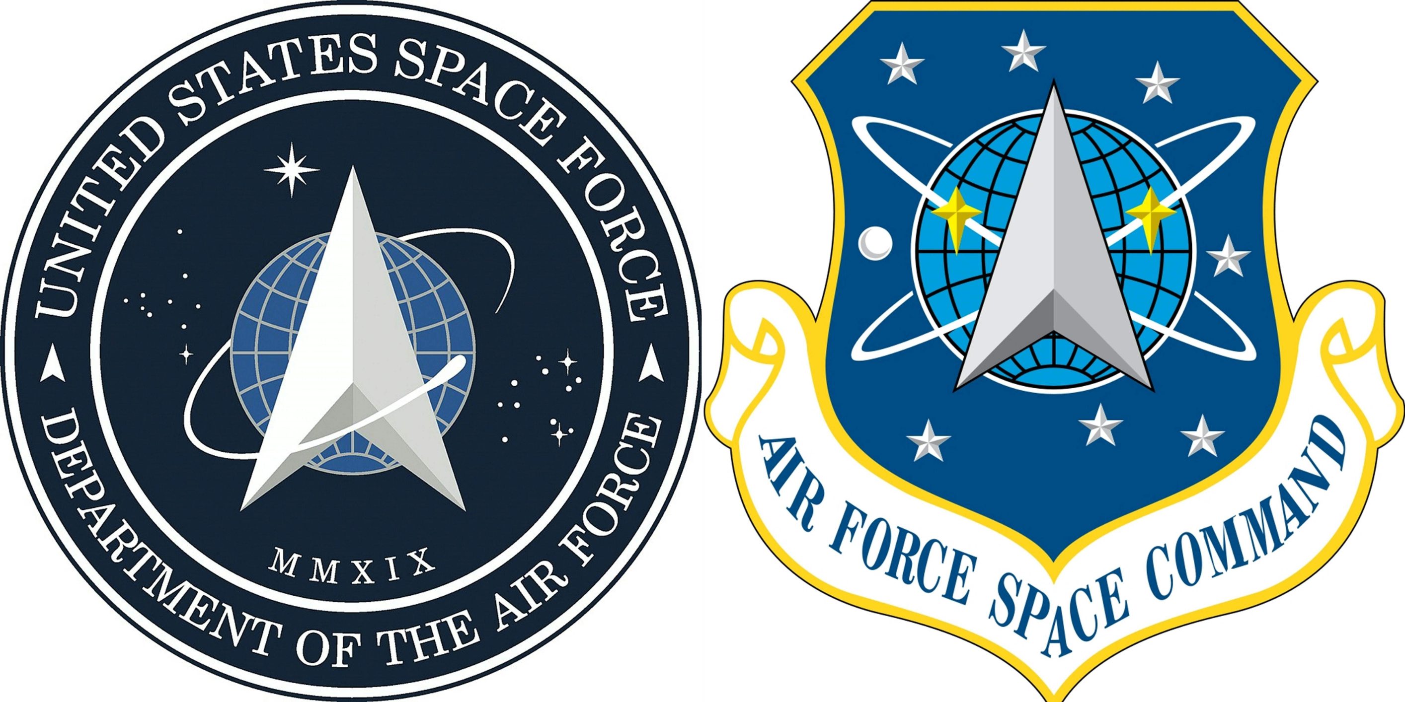 (COMBO) This combination of pictures created on January 24, 2020, and courtesy US Air Force show the new logo (L) for the United States Space Force, founded December 20, 2019, which was revealed by US President Donald Trump on January 24, 2020, and the logo for the Air Force Space Command, active from September 1982 to December 2019. - Over the years, Star Trek has been responsible for inspiring real world innovations from tablet computers to needleless injection devices and real time translators.Now, the science fiction franchise appears to have influenced Space Force, the US military's newest branch, in its choice of logo: a symbol resembling an arrowhead ringed by an orbiting object and set against a starry backdrop. (Photos by HO / US AIR FORCE / AFP) / RESTRICTED TO EDITORIAL USE - MANDATORY CREDIT 