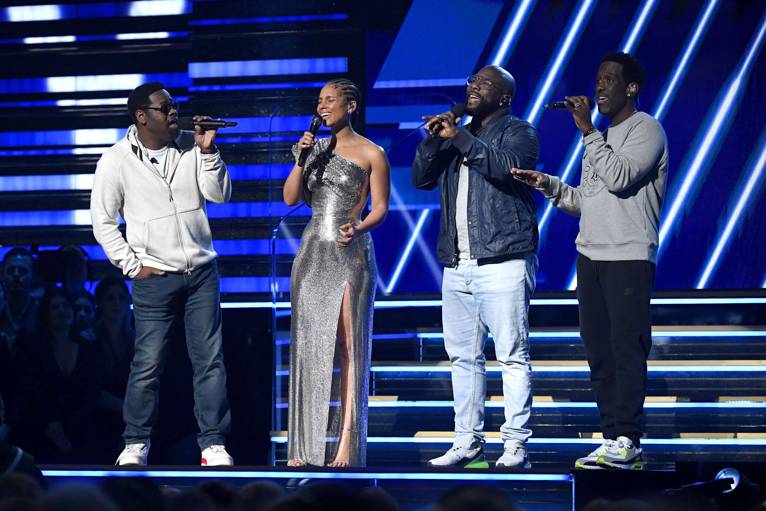 LOS ANGELES, CALIFORNIA - JANUARY 26: Alicia Keys (2nd from L) and Nathan Morris, Wanya Morris, and Shawn Stockman of Boyz II Men perform onstage during the 62nd Annual GRAMMY Awards at Staples Center on January 26, 2020 in Los Angeles, California.   Kevork Djansezian/Getty Images/AFP
== FOR NEWSPAPERS, INTERNET, TELCOS & TELEVISION USE ONLY ==