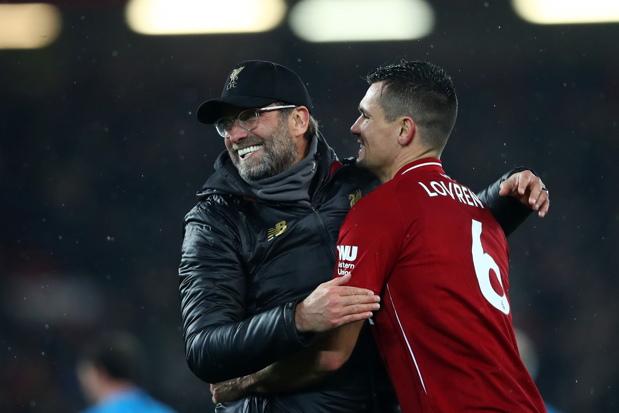 LIVERPOOL, ENGLAND - DECEMBER 16:  Jurgen Klopp, Manager of Liverpool and Dejan Lovren of Liverpool celebrate following their sides victory in the Premier League match between Liverpool FC and Manchester United at Anfield on December 16, 2018 in Liverpool, United Kingdom.  (Photo by Clive Brunskill/Getty Images)