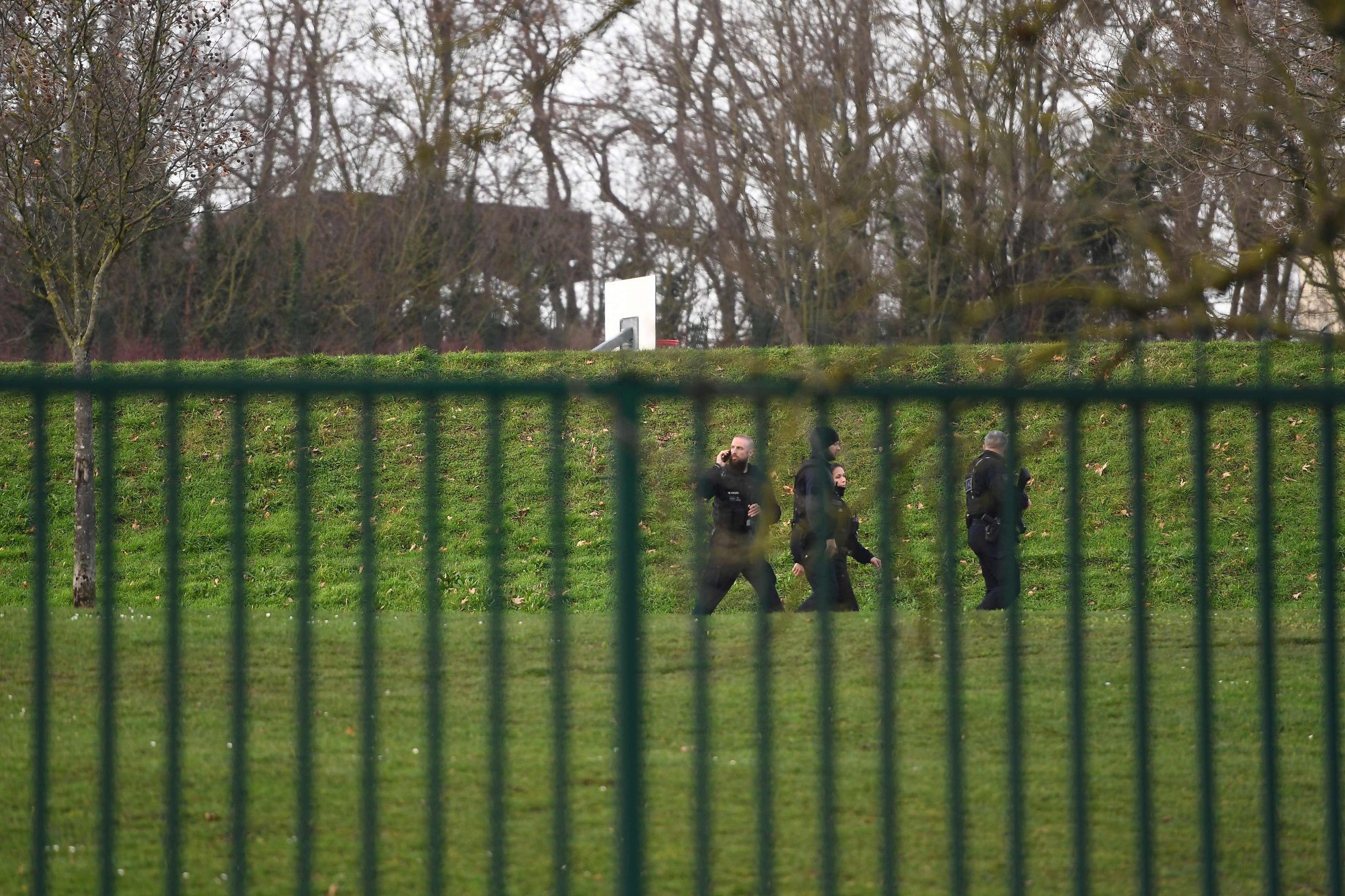 Police officers patrol in a park in the south of Paris' suburban city of Villejuif on January 3, 2020 where a man was shot and killed by officers after stabbing passers-by. - The man had attacked 