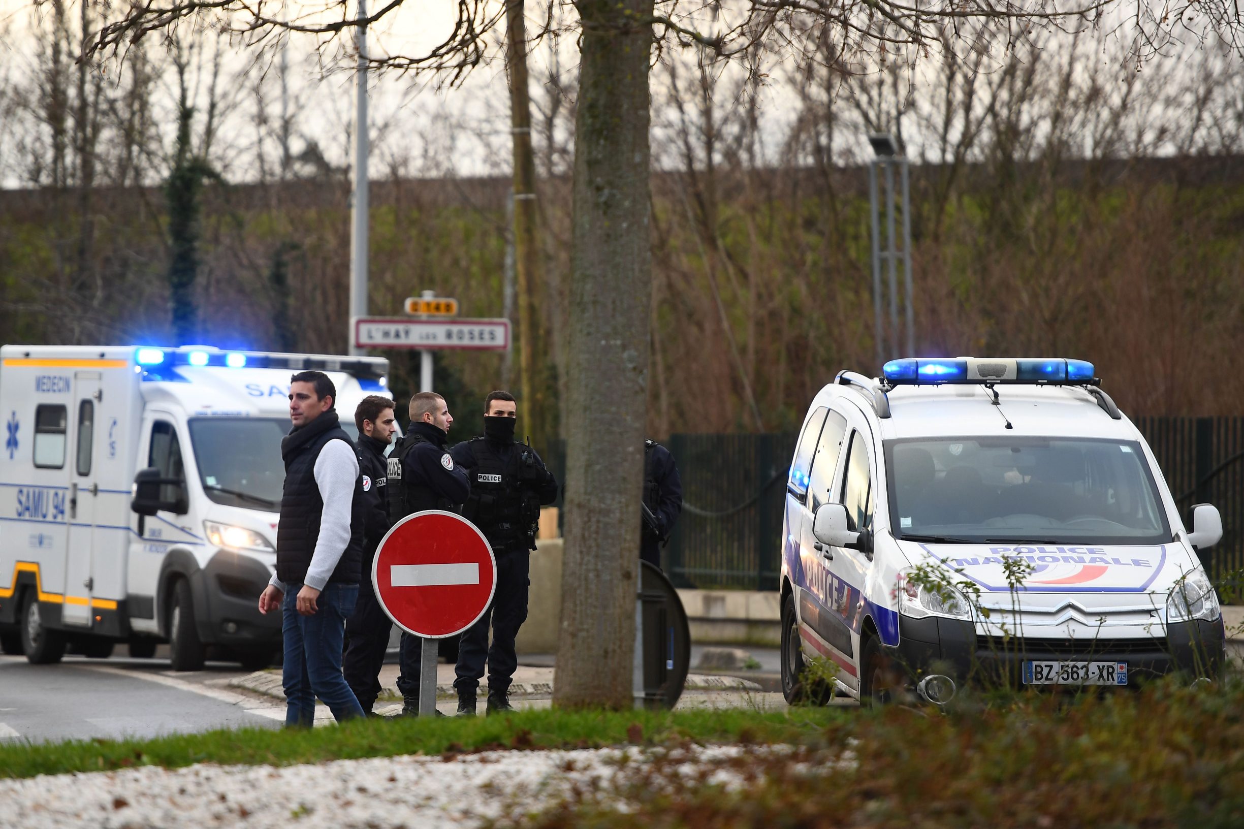 Police stand near a park in the south of Paris' suburban city of Villejuif on January 3, 2020 where police shot dead a knife-wielding man who killed one person and injured at least two others. - The man had attacked 