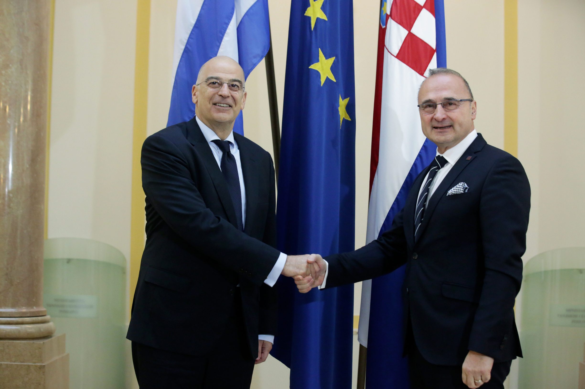Greek Foreign Minister Nikolaos Dendias and Croatian Foreign Minister Goran Grlic Radman