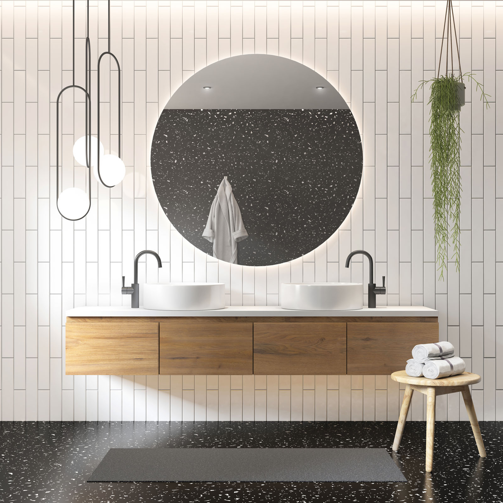 3d rendering of a white and grey contemporary modern bathroom	with blck terrazzo floor a wooden stool and modern retro hanging lamps