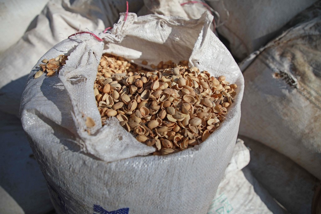 A sack of pistachio shells is seen at a workshop specialised in building pistachio-powered heaters in al-Dana town in Syria's northwestern province of Idlib on December 18, 2019. - In recent months, Syria has suffered a fuel crisis that has seen a spike in the price of heating oil and long queues for much-demanded cooking gas in government-held parts of the country. The rising cost of heating fuel has made warm homes a luxury in a province where unemployment is high and public services are non-existent. (Photo by Aaref WATAD / AFP)