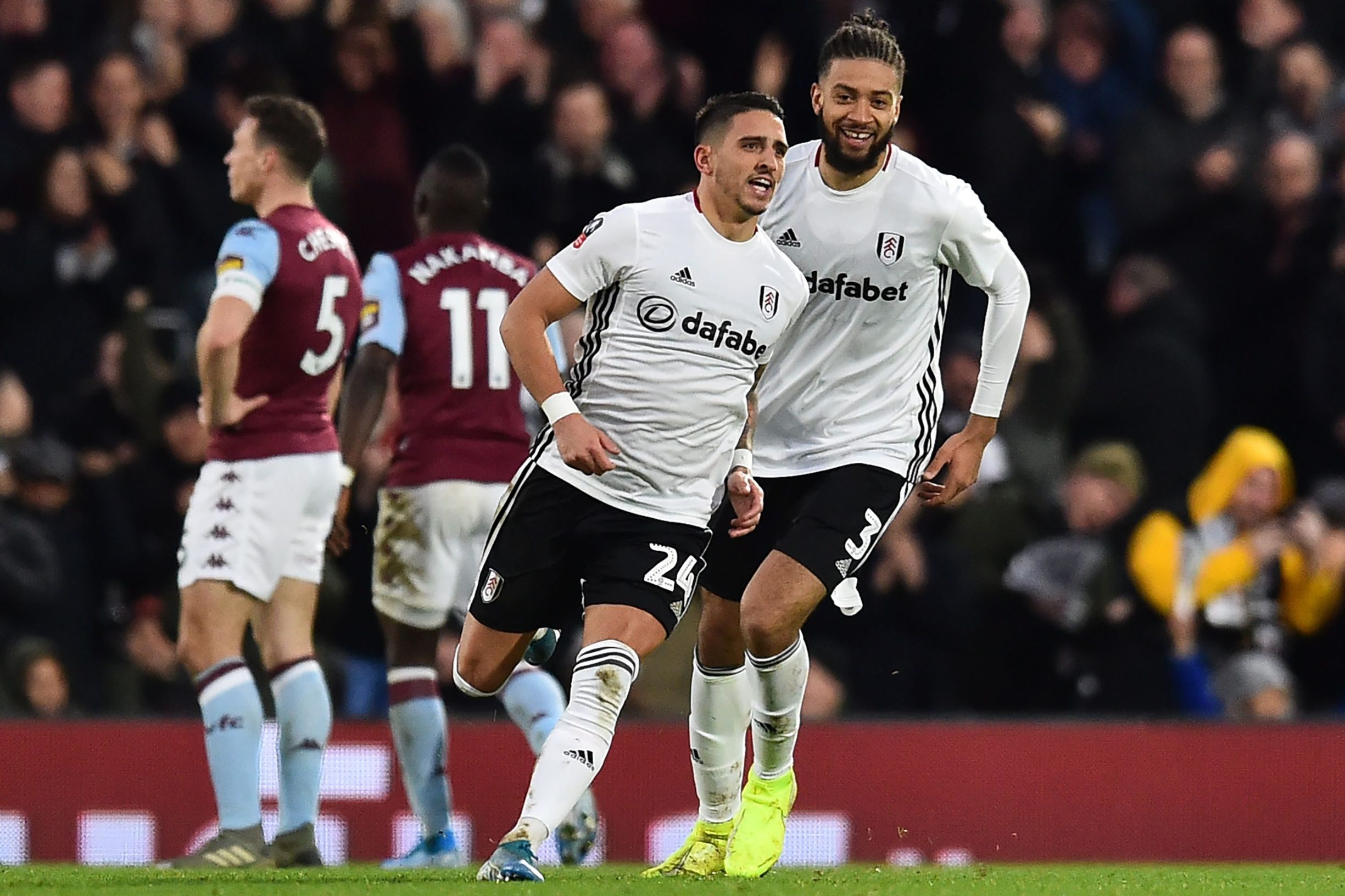 Fulham's French midfielder Anthony Knockaert celebrates scoring the opening goal of the English FA Cup third round football match between Fulham and Aston Villa at Craven Cottage in Fulham, west London on January 4, 2020. (Photo by Glyn KIRK / AFP) / RESTRICTED TO EDITORIAL USE. No use with unauthorized audio, video, data, fixture lists, club/league logos or 'live' services. Online in-match use limited to 120 images. An additional 40 images may be used in extra time. No video emulation. Social media in-match use limited to 120 images. An additional 40 images may be used in extra time. No use in betting publications, games or single club/league/player publications. / 
