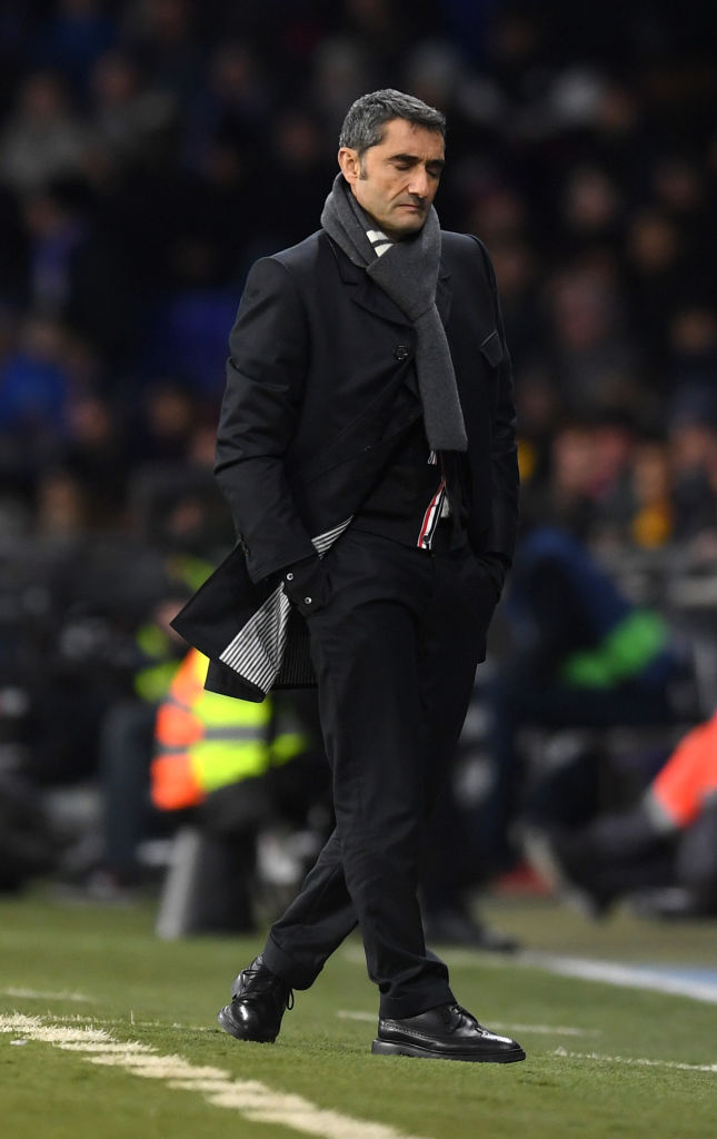 BARCELONA, SPAIN - JANUARY 04: Ernesto Valverde manager of Barcelona reacts during the La Liga match between RCD Espanyol and FC Barcelona at RCDE Stadium on January 04, 2020 in Barcelona, Spain. (Photo by Alex Caparros/Getty Images)