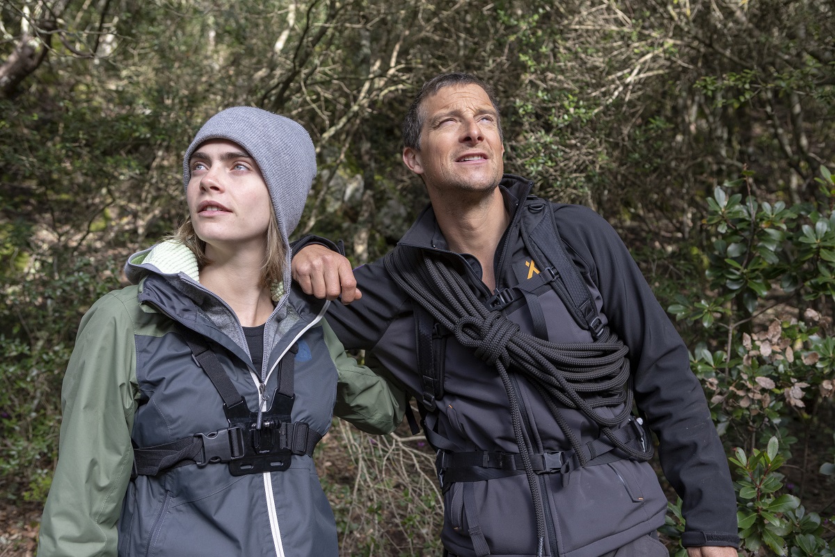 Sardinia, Italy - (L to R) Cara Delevingne and Bear Grylls for National Geographic's RUNNING WILD WITH BEAR GRYLLS. (National Geographic/Jeff Ellingson)