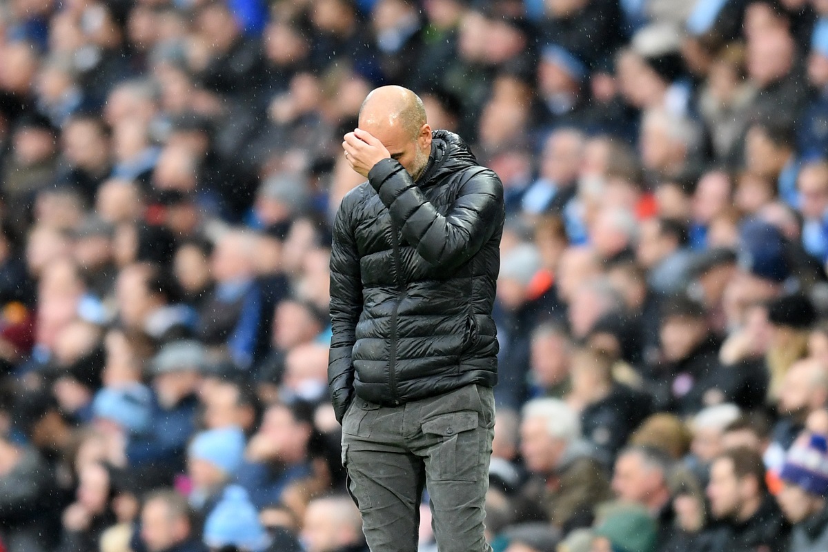 MANCHESTER, ENGLAND - NOVEMBER 02: Pep Guardiola, Manager of Manchester City looks on dejected during the Premier League match between Manchester City and Southampton FC at Etihad Stadium on November 02, 2019 in Manchester, United Kingdom. (Photo by Michael Regan/Getty Images)
