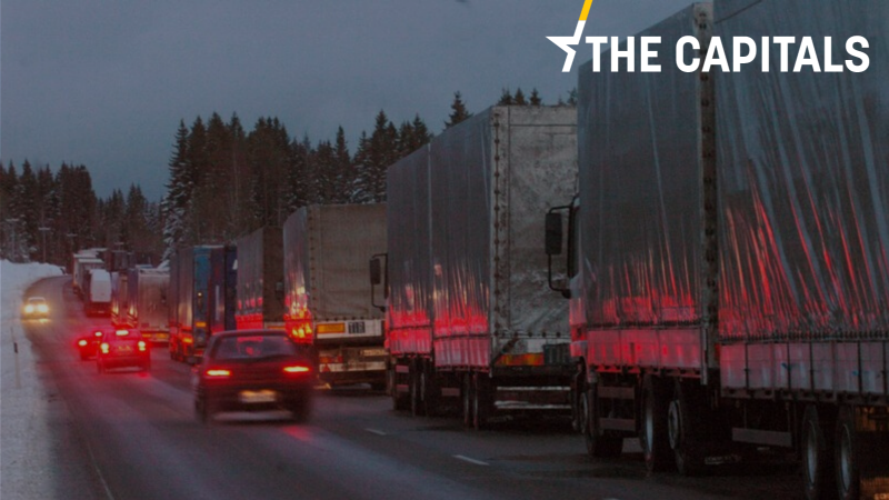 A 26km long line of trucks stand on the road leading to the border crossing point of Vaalimaa between Finland and Russia.