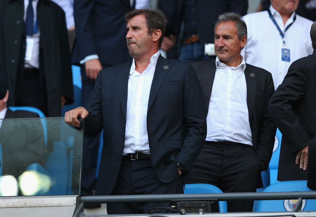 MANCHESTER, ENGLAND - SEPTEMBER 01:  Ferran Soriano, the Chief Executive Officer of Manchester City, and Txiki Begiristain, the Director of Football, look on prior to the Premier League match between Manchester City and Newcastle United at Etihad Stadium on September 1, 2018 in Manchester, United Kingdom.  (Photo by Alex Livesey/Getty Images)