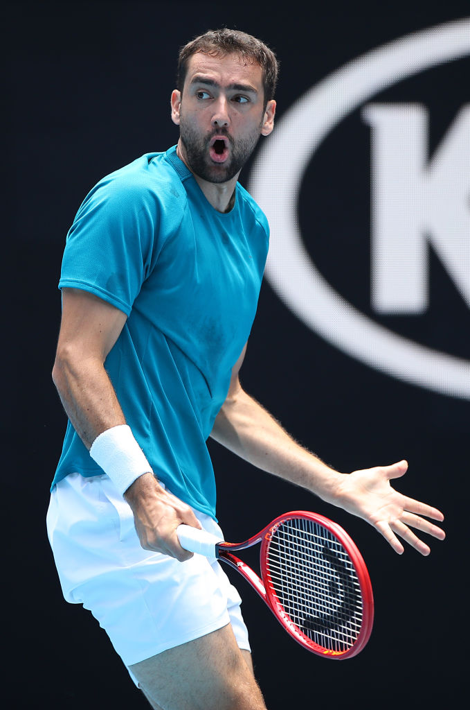 MELBOURNE, AUSTRALIA - JANUARY 26: Marin Cilic of Croatia reacts during his Men's Singles fourth round match against Milos Raonic of Canada on day seven of the 2020 Australian Open at Melbourne Park on January 26, 2020 in Melbourne, Australia. (Photo by Mark Kolbe/Getty Images)