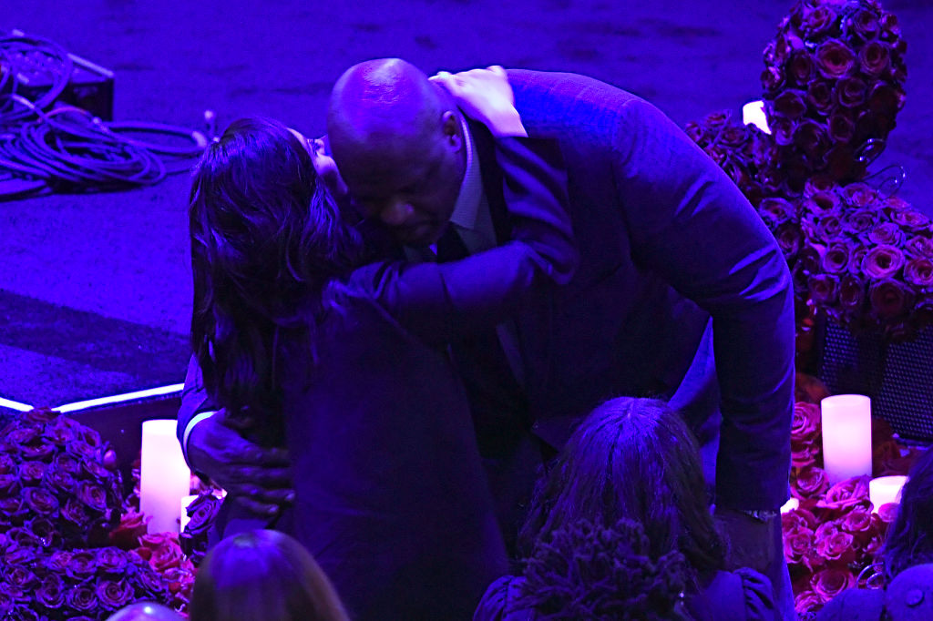 LOS ANGELES, CALIFORNIA - FEBRUARY 24: Shaquille O'Neal hugs Vanessa Bryant during The Celebration of Life for Kobe & Gianna Bryant at Staples Center on February 24, 2020 in Los Angeles, California. (Photo by Kevork Djansezian/Getty Images)