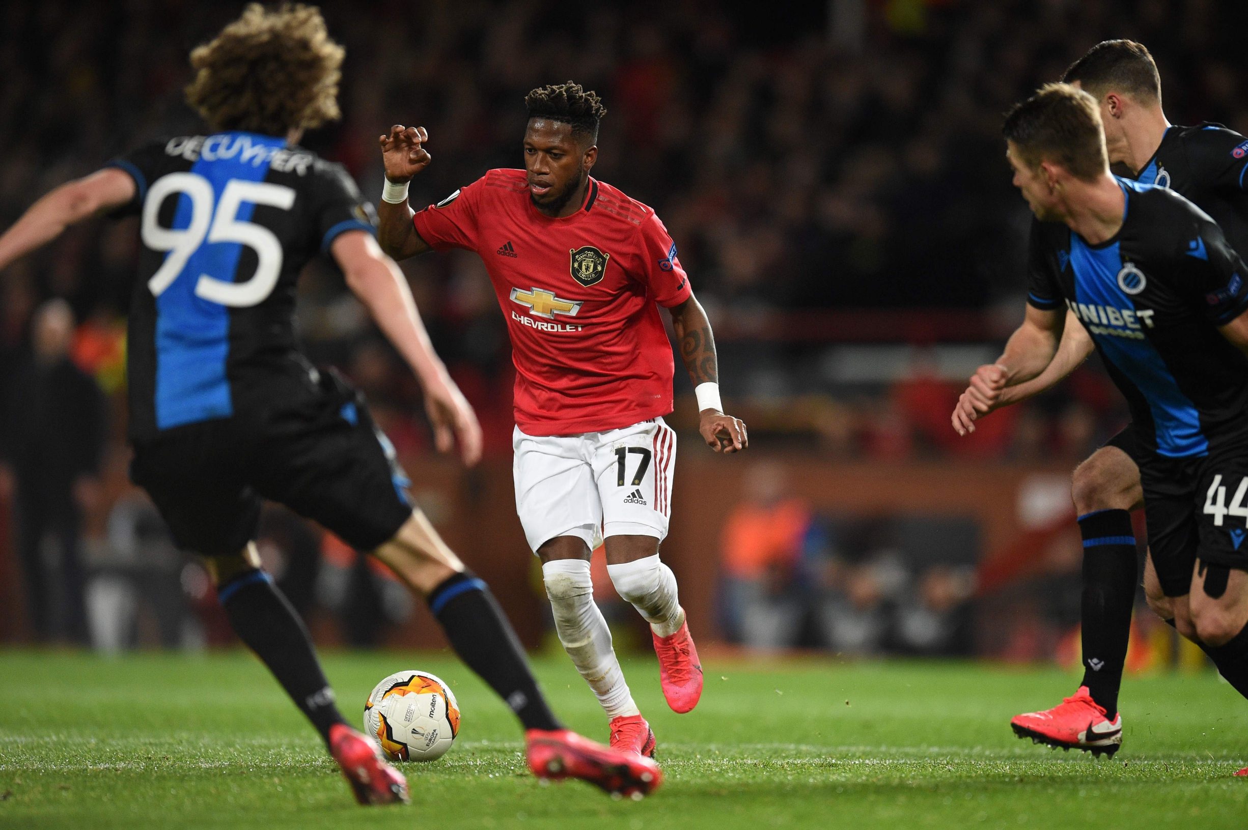 Manchester United's Brazilian midfielder Fred controls the ball during the UEFA Europa League round of 32 second leg football match between Manchester United and Club Brugge at Old Trafford in Manchester, north west England, on February 27, 2020. (Photo by Oli SCARFF / AFP)