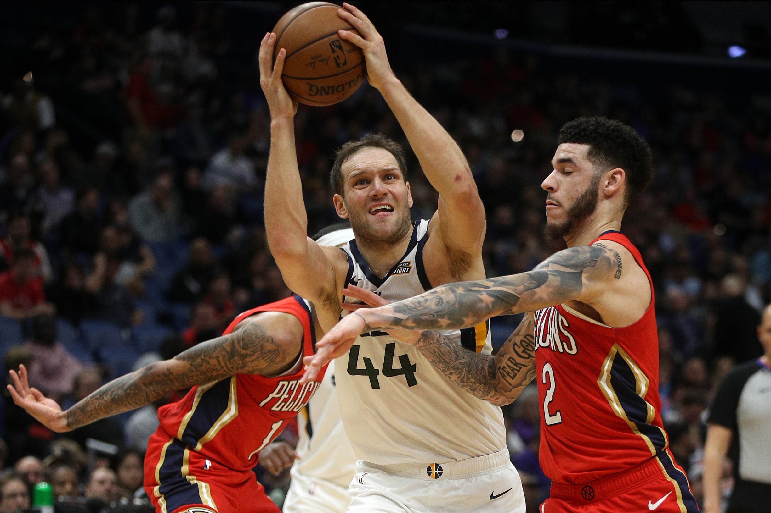 NEW ORLEANS, LOUISIANA - JANUARY 16: Bojan Bogdanovic #44 of the Utah Jazz shoots the ball over Lonzo Ball #2 of the New Orleans Pelicans at Smoothie King Center on January 16, 2020 in New Orleans, Louisiana.  NOTE TO USER: User expressly acknowledges and agrees that, by downloading and/or using this photograph, user is consenting to the terms and conditions of the Getty Images License Agreement.   (Photo by Chris Graythen/Getty Images)