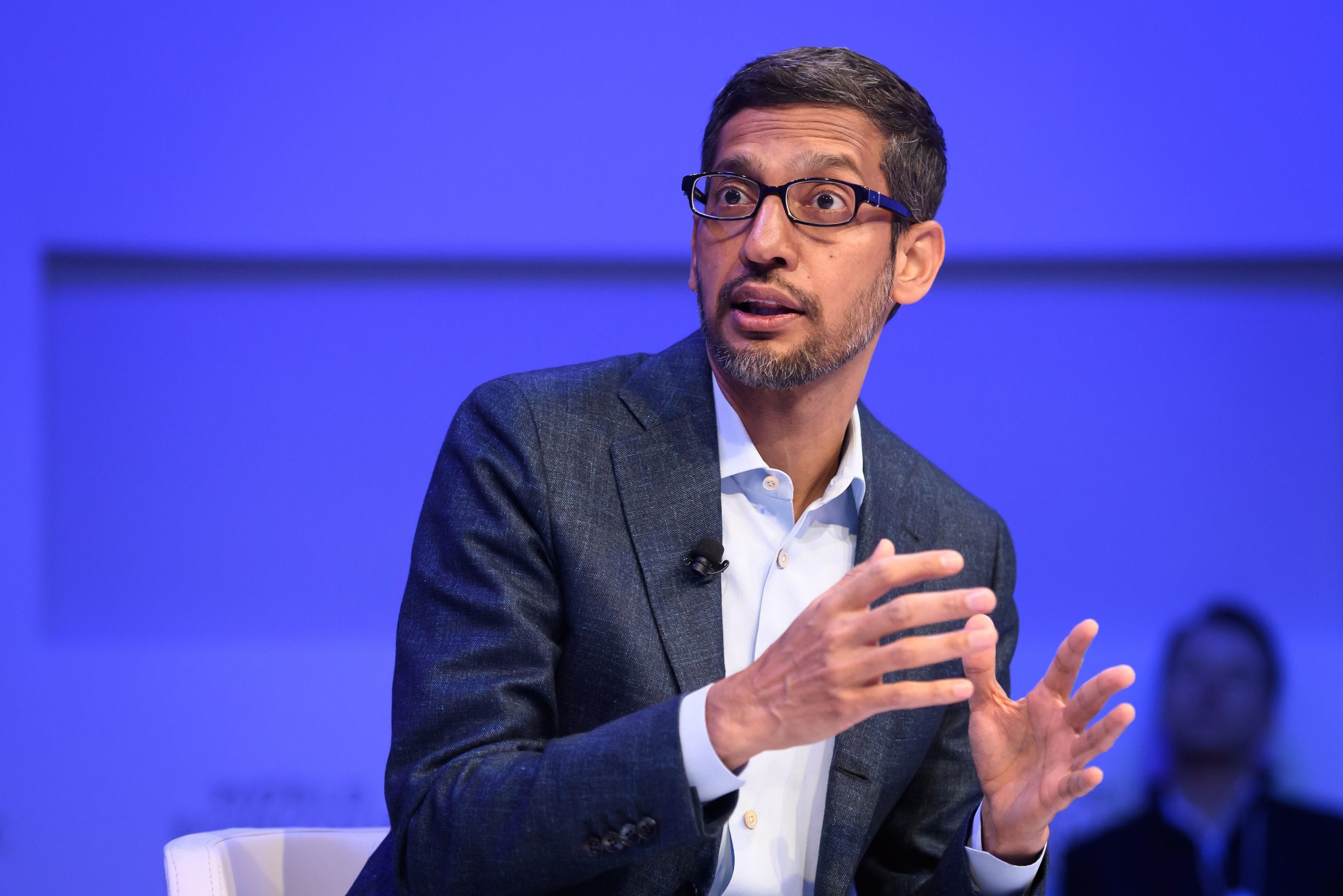 Alphabet CEO Sundar Pichai gestures during a session at the World Economic Forum (WEF) annual meeting in Davos, on January 22, 2020. (Photo by Fabrice COFFRINI / AFP)