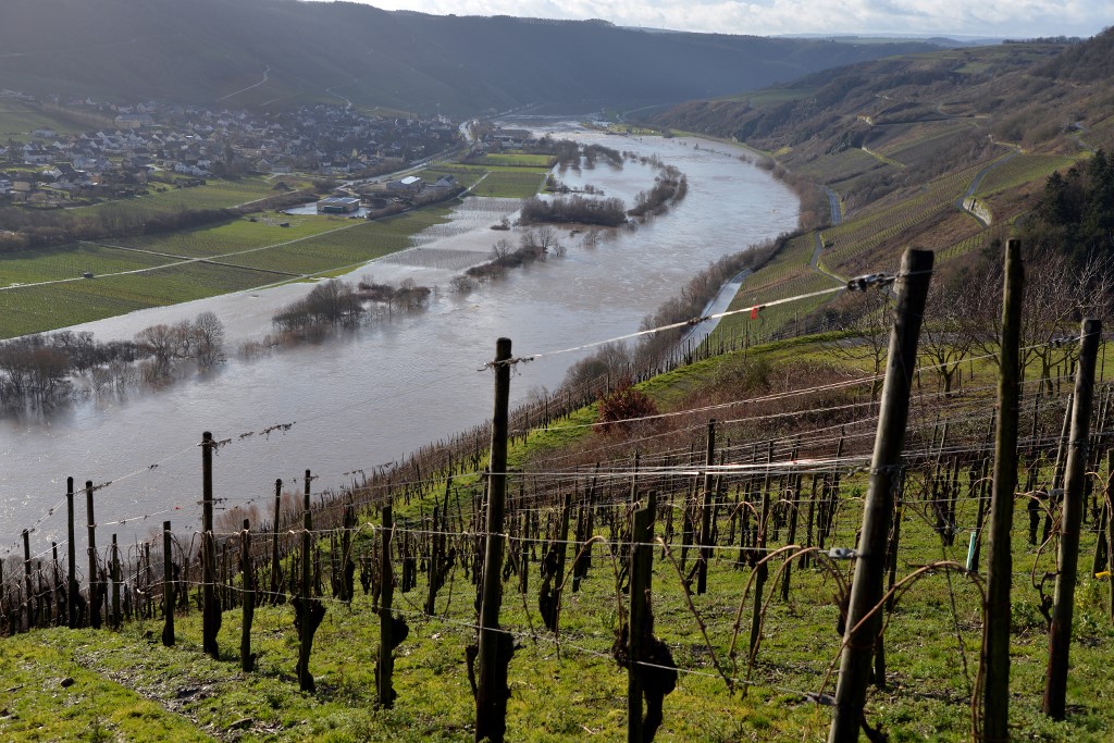 04 February 2020, Rhineland-Palatinate, Kesten: The Moselle has overflowed its banks, and the floods have also flooded part of the B53 (r) near Kesten. Numerous roads along the river are flooded in sections and closed to traffic. Photo: Harald Tittel/dpa