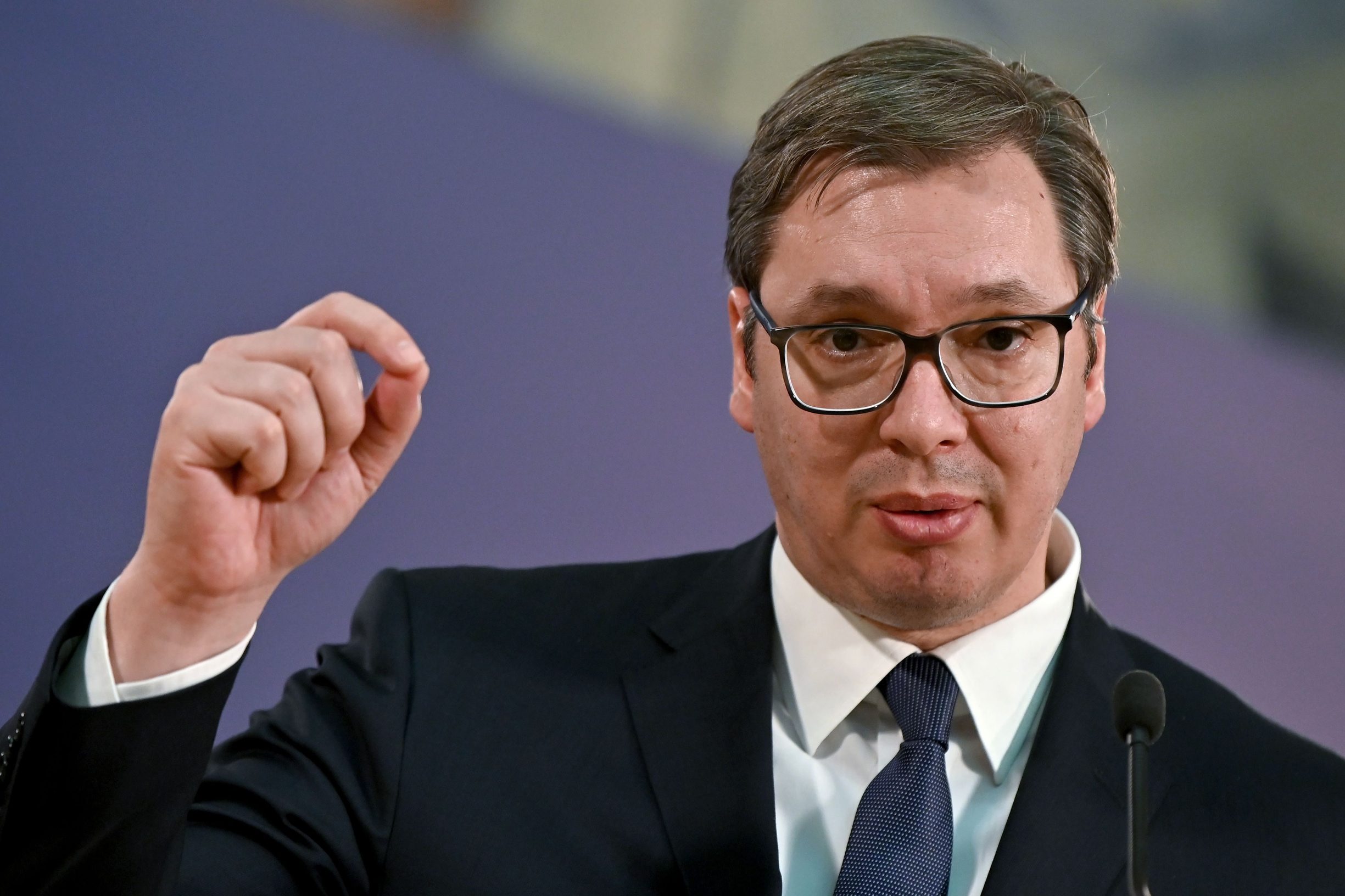 Serbian President Aleksandar Vucic holds a join press conference with the high representative of the European Union for Foreign Affairs and Security Policy  in Belgrade on January 31, 2020, during his  visit to Serbia. (Photo by Andrej ISAKOVIC / AFP)