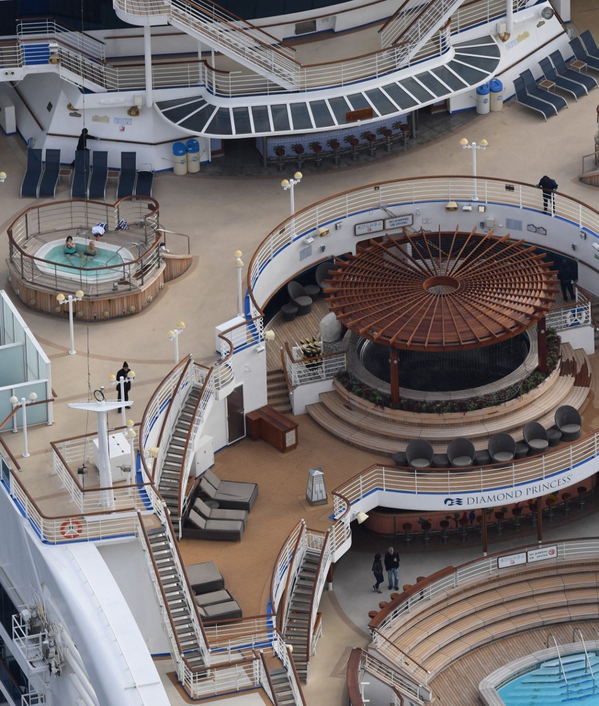 An aerial photo shows passengers and staffs of s cruise ship 