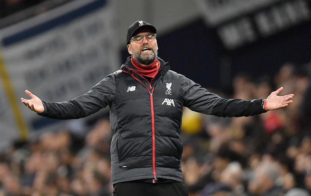 LONDON, ENGLAND - JANUARY 11: Jurgen Klopp, Manager of Liverpool reacts during the Premier League match between Tottenham Hotspur and Liverpool FC at Tottenham Hotspur Stadium on January 11, 2020 in London, United Kingdom. (Photo by Justin Setterfield/Getty Images)