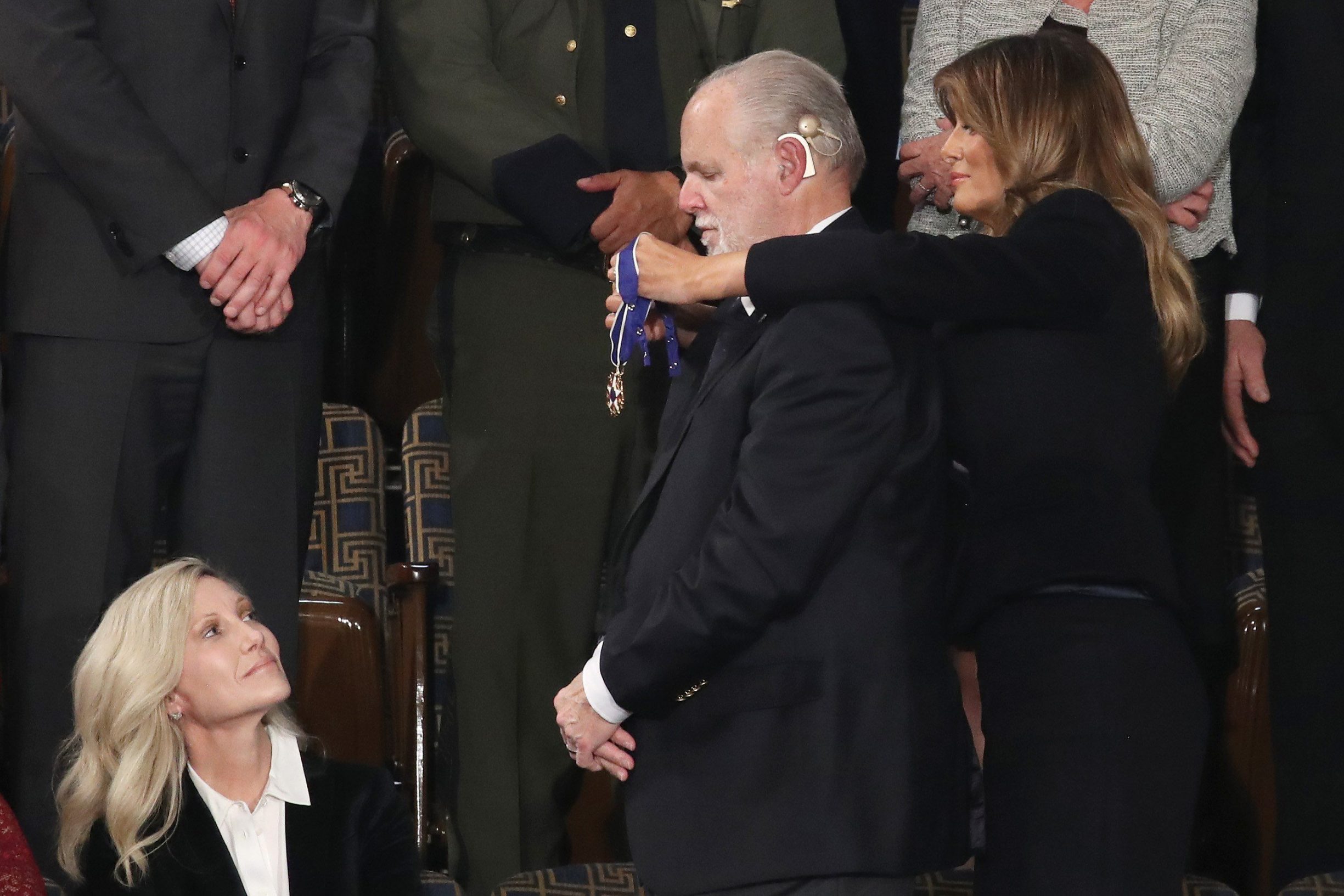 WASHINGTON, DC - FEBRUARY 04: Radio personality Rush Limbaugh reacts after First Lady Melania Trump gives him the Presidential Medal of Freedom during the State of the Union address in the chamber of the U.S. House of Representatives on February 04, 2020 in Washington, DC. President Trump delivers his third State of the Union to the nation the night before the U.S. Senate is set to vote in his impeachment trial.   Drew Angerer/Getty Images/AFP
== FOR NEWSPAPERS, INTERNET, TELCOS & TELEVISION USE ONLY ==