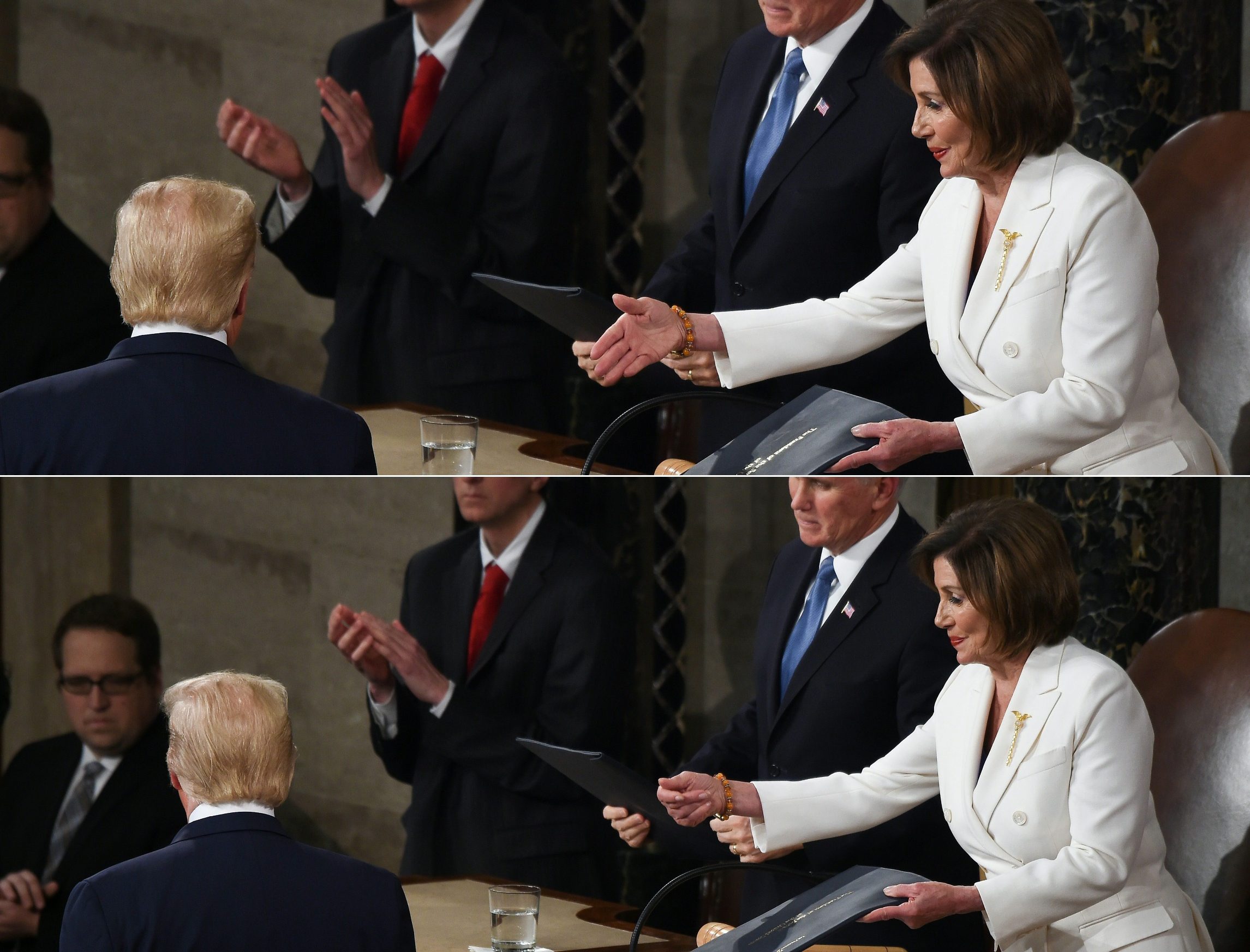 (COMBO) This combination of pictures created on February 04, 2020 shows Speaker of the US House of Representatives Nancy Pelosi extending a hand to US president Donald Trump ahead of the State of the Union address at the US Capitol in Washington, DC, on February 4, 2020; and Speaker of the US House of Representatives Nancy Pelosi extends a hand to US president Donald Trump ahead of the State of the Union address at the US Capitol in Washington, DC, on February 4, 2020. (Photos by Olivier DOULIERY / AFP)