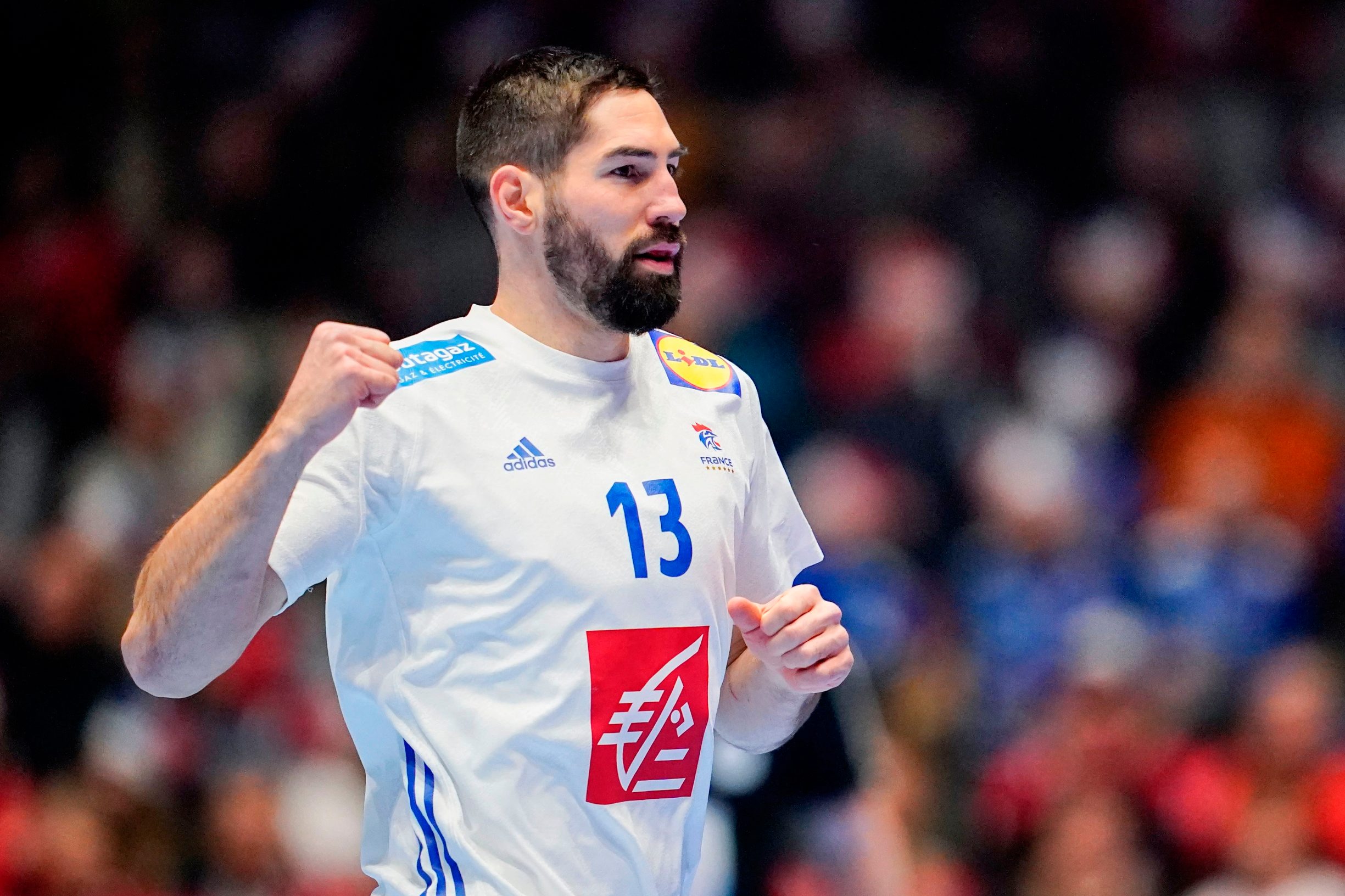France's Nikola Karabatic reacts during the men's Handball European Championship match between Bosnia Herzegovina and France in Trondheim, Norway On January 14, 2020. (Photo by Ole Martin Wold / NTB Scanpix / AFP) / Norway OUT