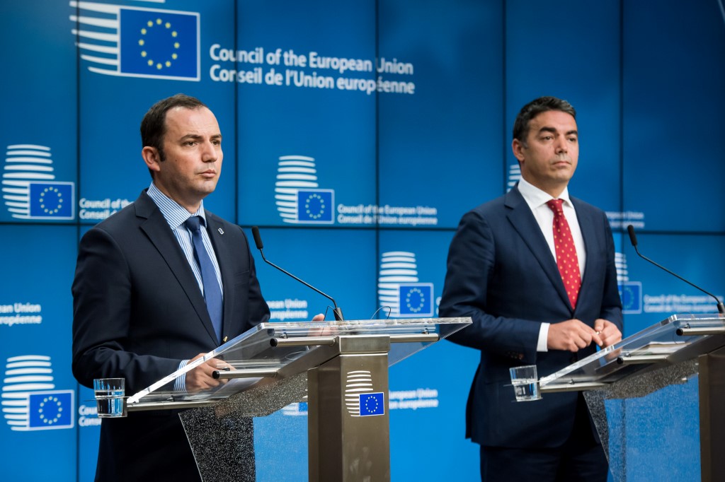 Bujar Osmani (left), Macedonia's Deputy Prime Minister for European Affairs, and Nikola Dimitrov (right), Foreign Minister of Macedonia