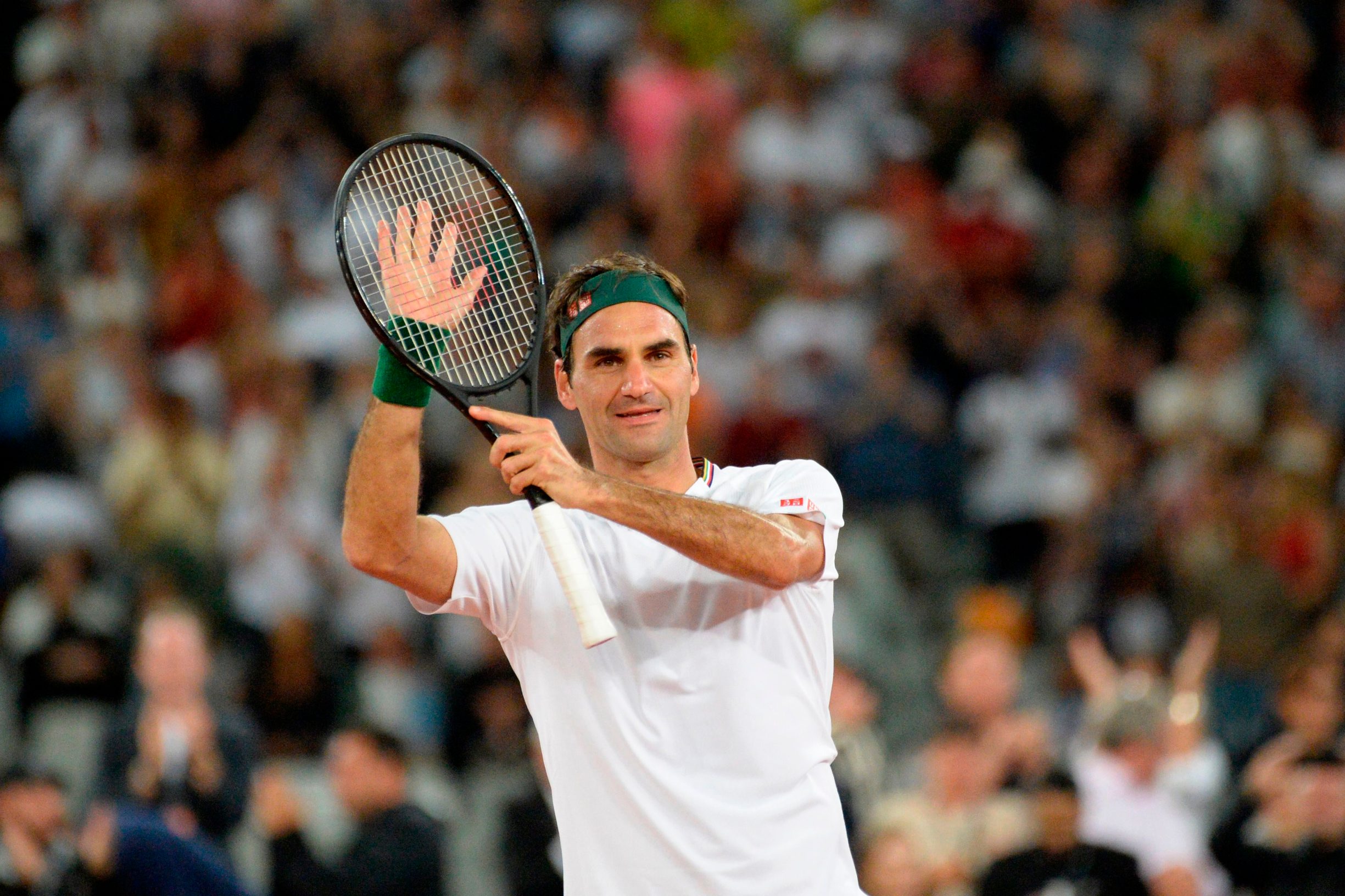 Switzerland's Roger Federer reacts after his victory against Spain's Rafael Nadal during their tennis match at The Match in Africa at the Cape Town Stadium, in Cape Town on February 7, 2020. (Photo by RODGER BOSCH / AFP)