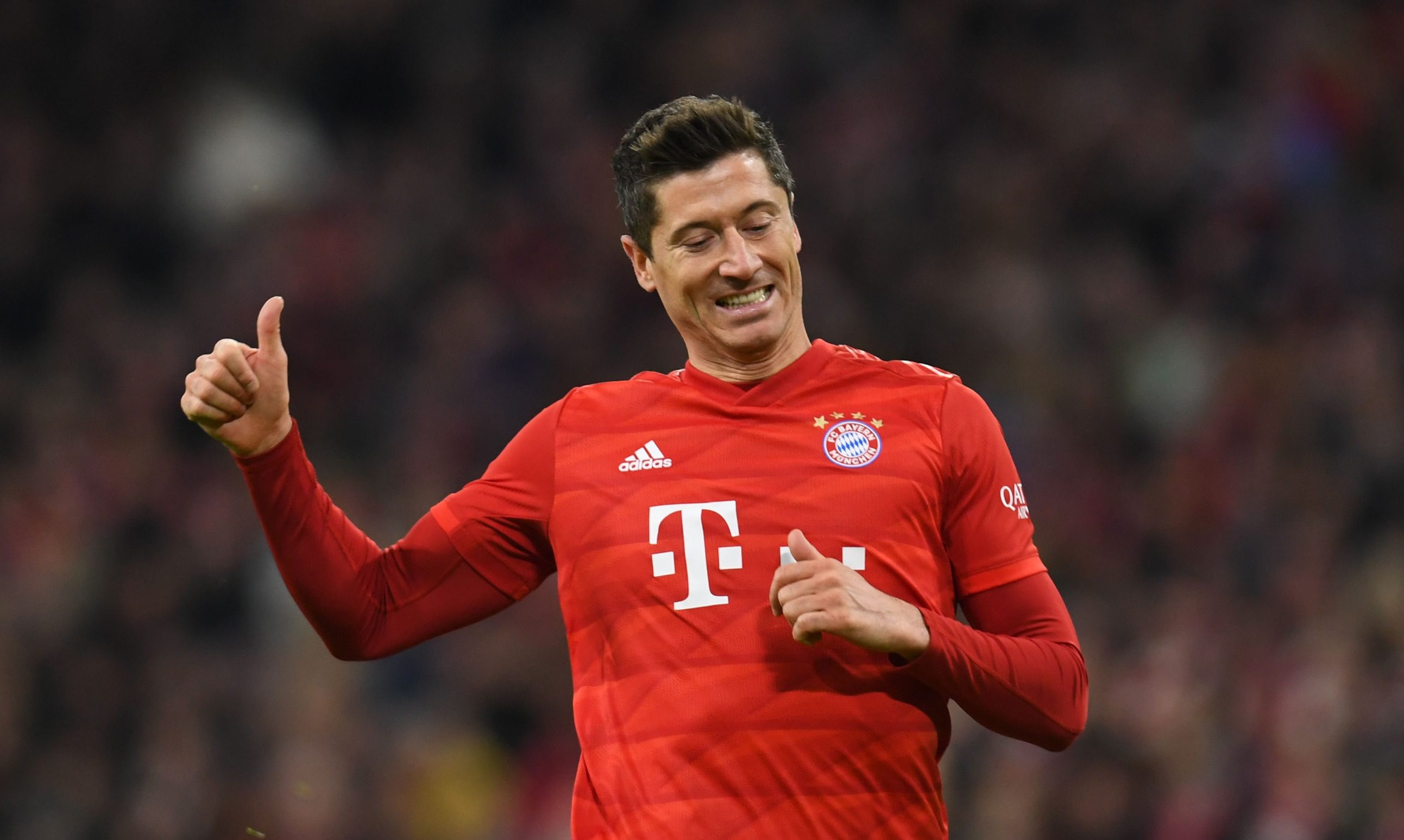Bayern Munich's Polish forward Robert Lewandowski reacts during the German first division Bundesliga football match FC Bayern Munich v RB Leipzig in Munich, southern Germany, on February 9, 2020. (Photo by Christof STACHE / AFP) / RESTRICTIONS: DFL REGULATIONS PROHIBIT ANY USE OF PHOTOGRAPHS AS IMAGE SEQUENCES AND/OR QUASI-VIDEO