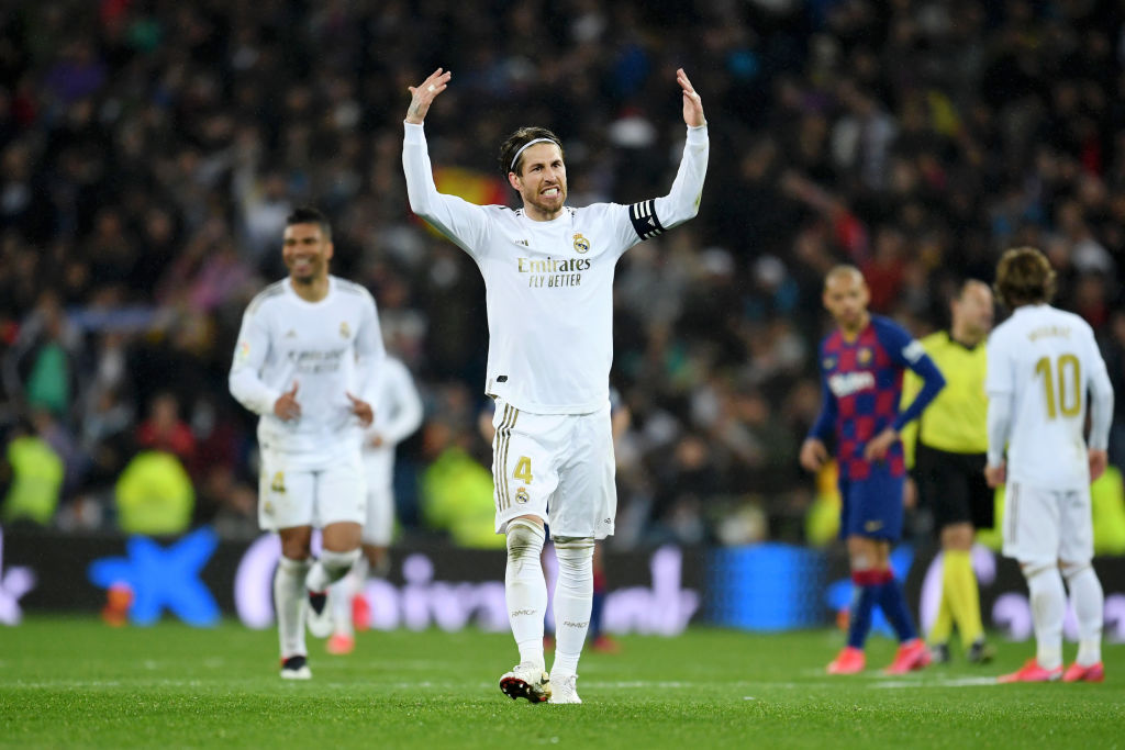 MADRID, SPAIN - MARCH 01: Sergio Ramos of Real Madrid celebrates following his sides victory in the Liga match between Real Madrid CF and FC Barcelona at Estadio Santiago Bernabeu on March 01, 2020 in Madrid, Spain. (Photo by David Ramos/Getty Images)