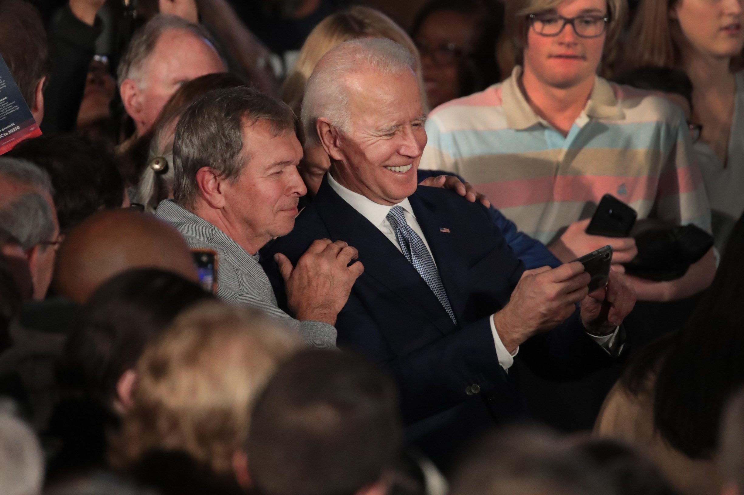 COLUMBIA, SOUTH CAROLINA - FEBRUARY 29: Democratic presidential candidate former Vice President Joe Biden celebrates with his supporters after declaring victory at an election-night rally at the University of South Carolina Volleyball Center on February 29, 2020 in Columbia, South Carolina. The next big contest for the Democratic candidates will be Super Tuesday on March 3, when 14 states and American Samoa go to the polls.   Scott Olson/Getty Images/AFP
== FOR NEWSPAPERS, INTERNET, TELCOS & TELEVISION USE ONLY ==